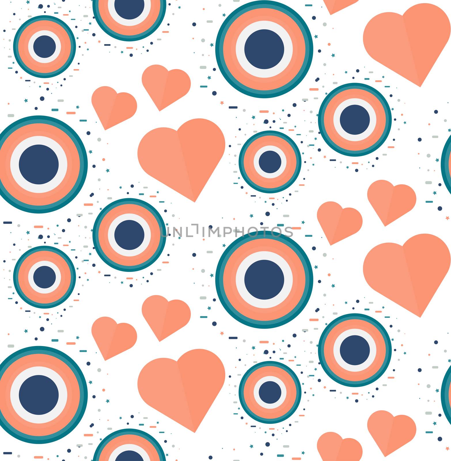 Vintage Seamless Romantic Pattern for Wrap, Print, Fabric, Textile, Greeting Card. Ornament with pink or red heart, circle for cloth, wallpaper, mosaic. Wedding, valentine retro background. Vector