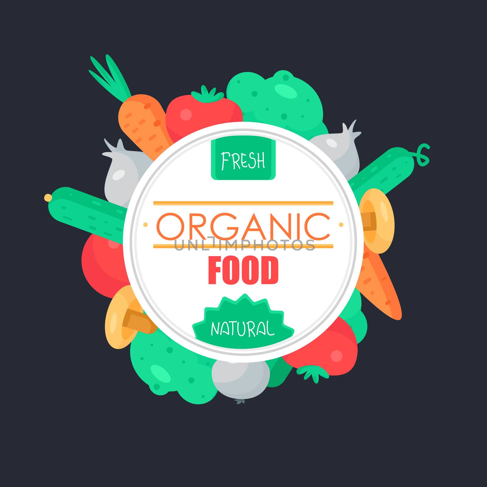 Fresh Vegetable Banner from tomato, cucumber and cabbage, carrot, mushroom and garlic. Tasty natural food badge. Vegan sticker. Eco design element. Vector