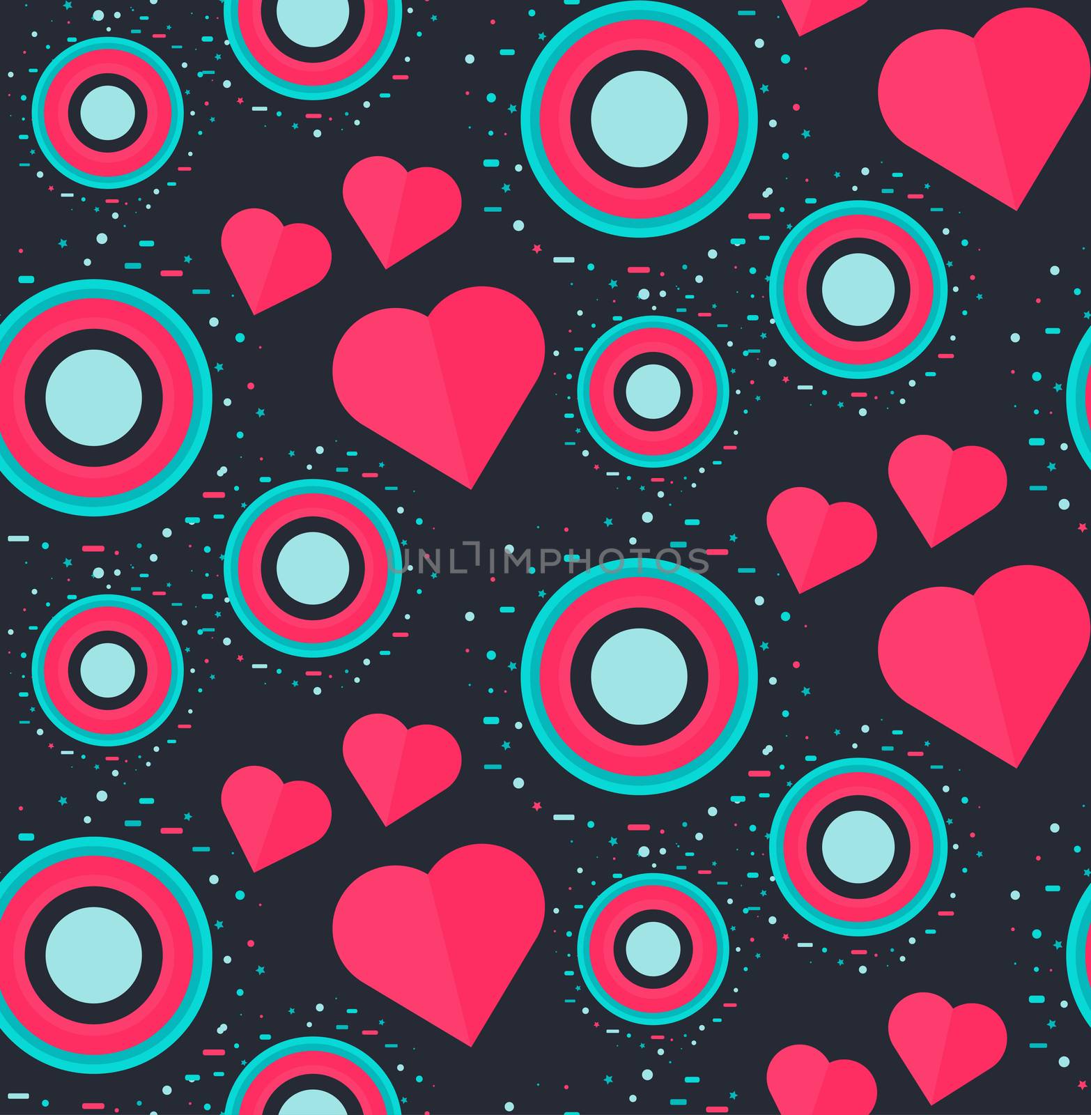 Vintage Seamless Romantic Pattern for Wrap, Print, Fabric, Textile, Greeting Card. Ornament with pink or red heart, circle for cloth, wallpaper, mosaic. Wedding, valentine retro background. Vector