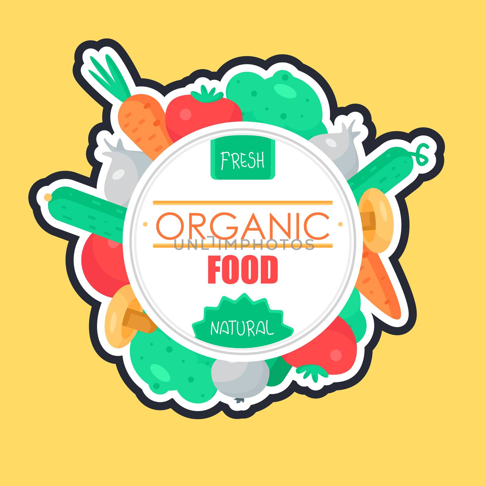 Fresh Vegetable Banner from tomato, cucumber and cabbage, carrot, mushroom and garlic. Tasty natural food badge. Vegan sticker. Eco design element. Vector