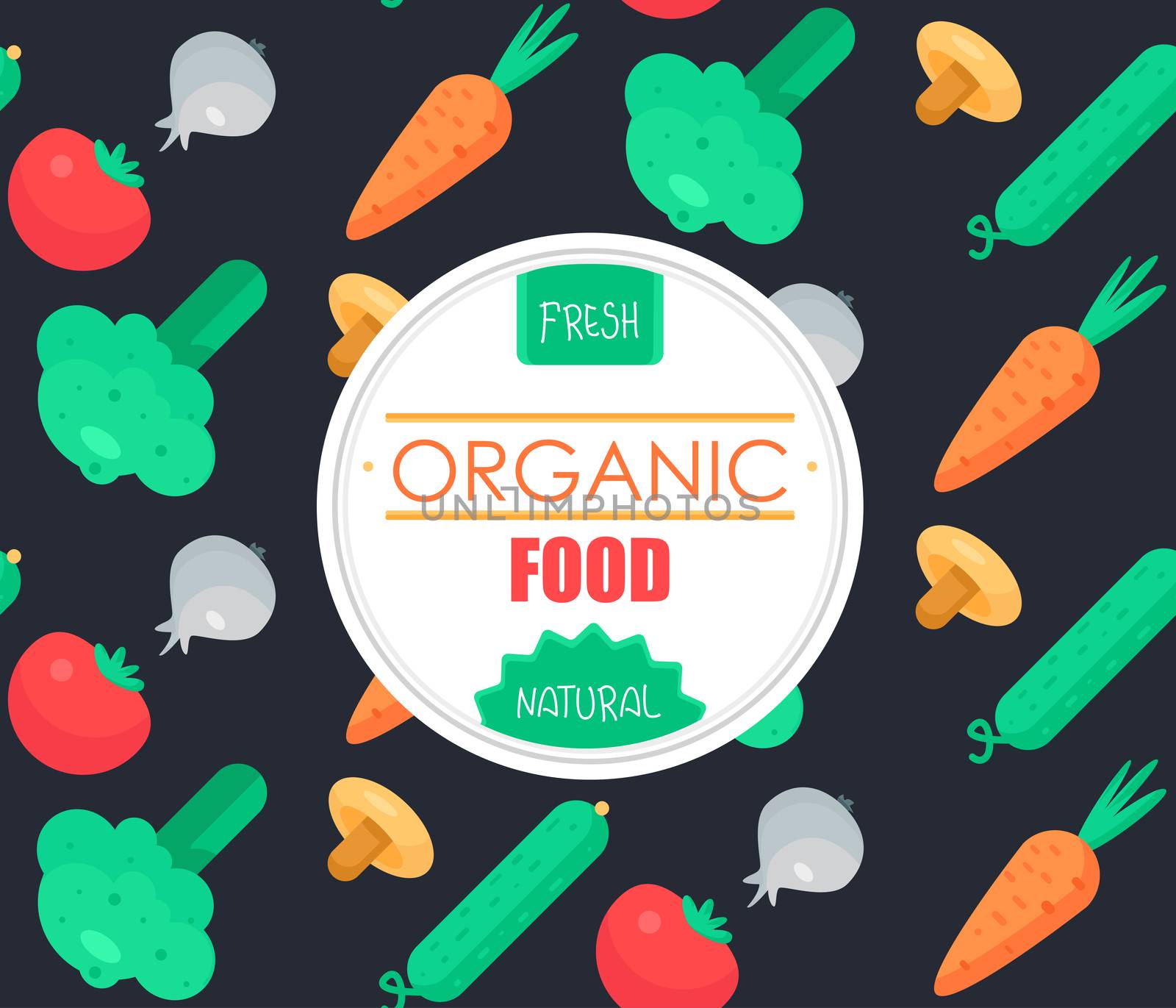 Fresh Vegetable Banner from tomato, cucumber and cabbage, carrot, mushroom and garlic. Tasty natural food badge. Vegan sticker. Eco design element. Vector
