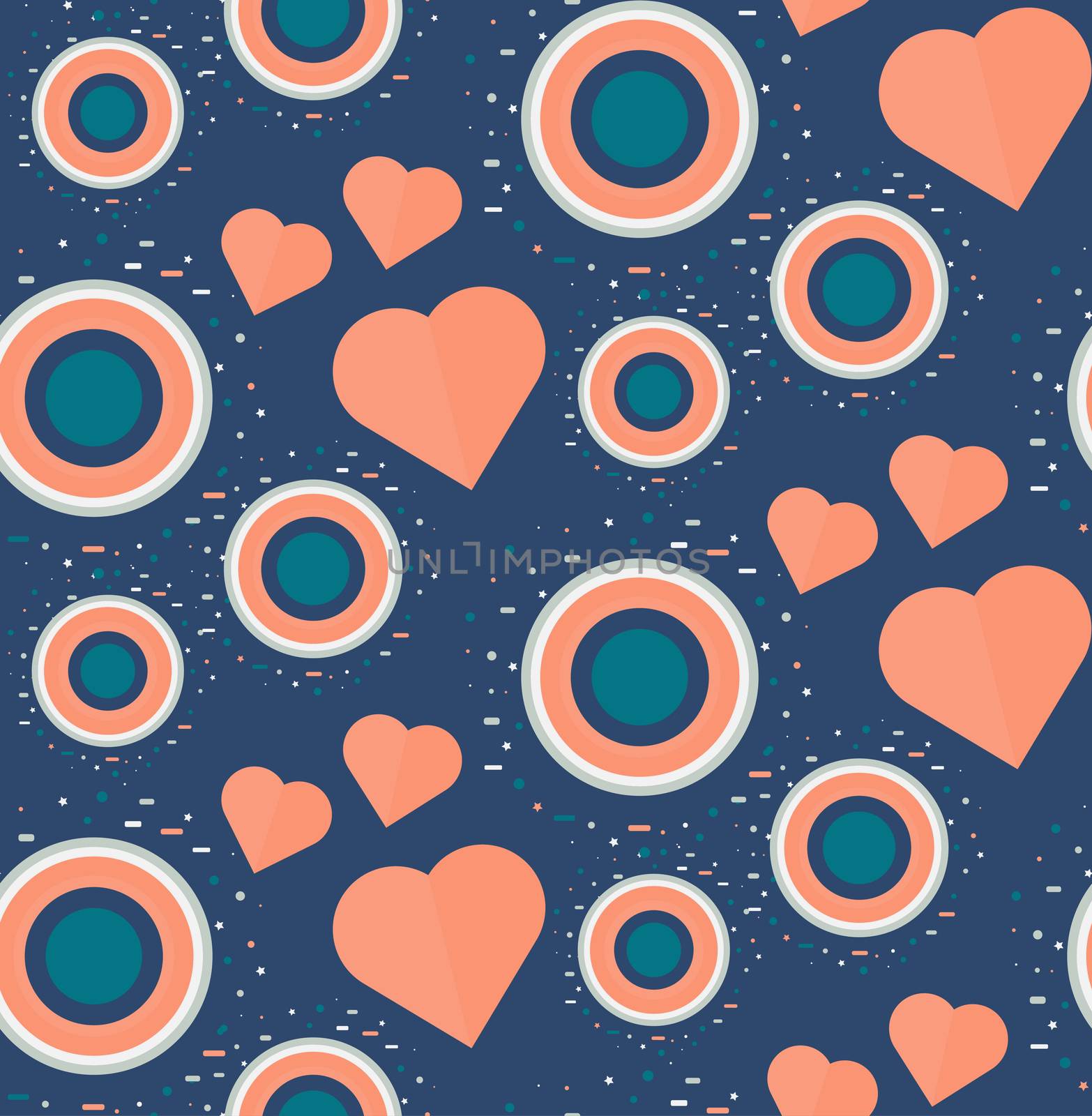 Vintage Seamless Romantic Pattern for Wrap, Print, Fabric, Textile, Greeting Card. Ornament with pink or red heart, circle for cloth, wallpaper, mosaic. Wedding, valentine retro background. Vector