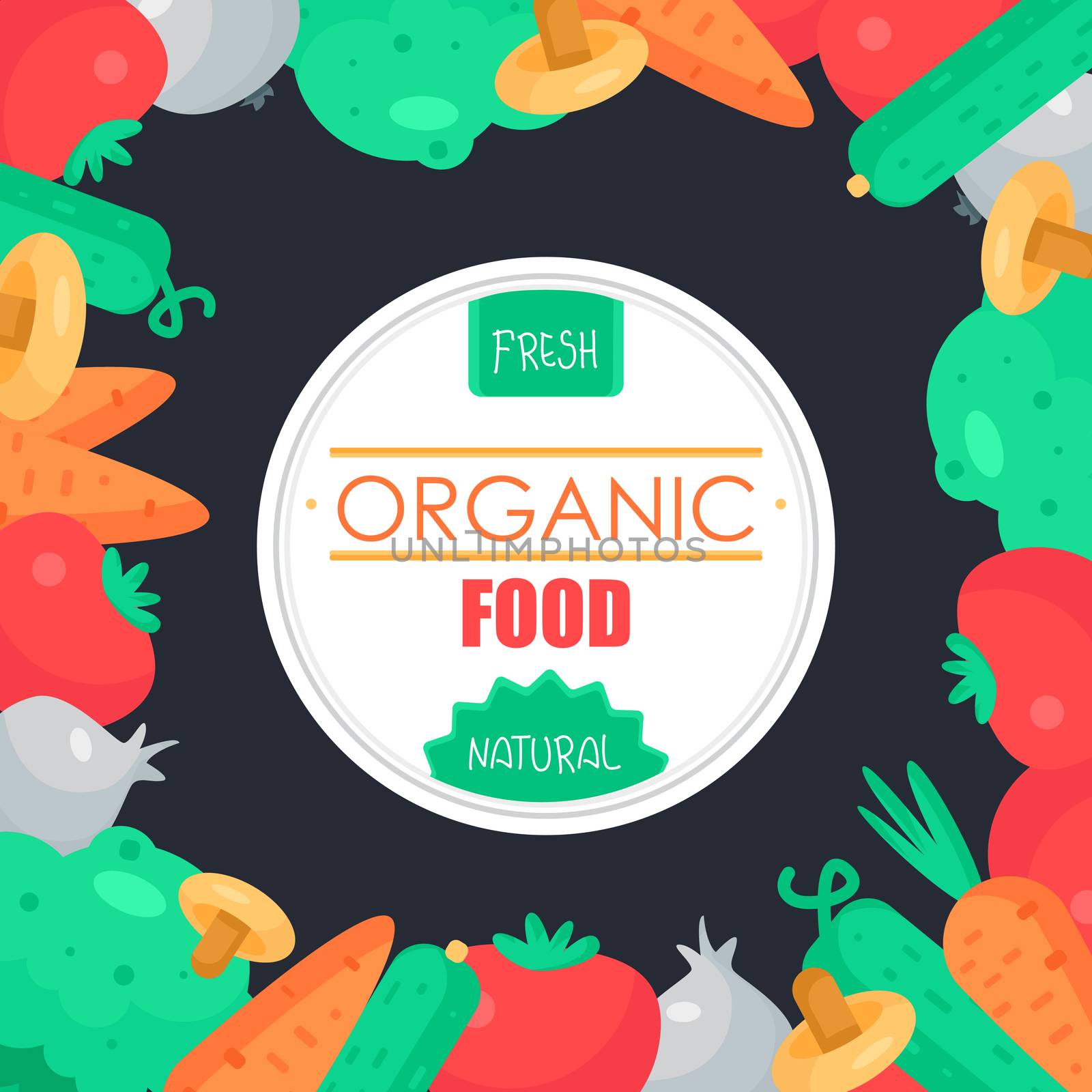 Fresh Vegetable Banner from tomato, cucumber and cabbage, carrot, mushroom and garlic. Tasty natural food badge. Vegan sticker. Eco design element. Vector