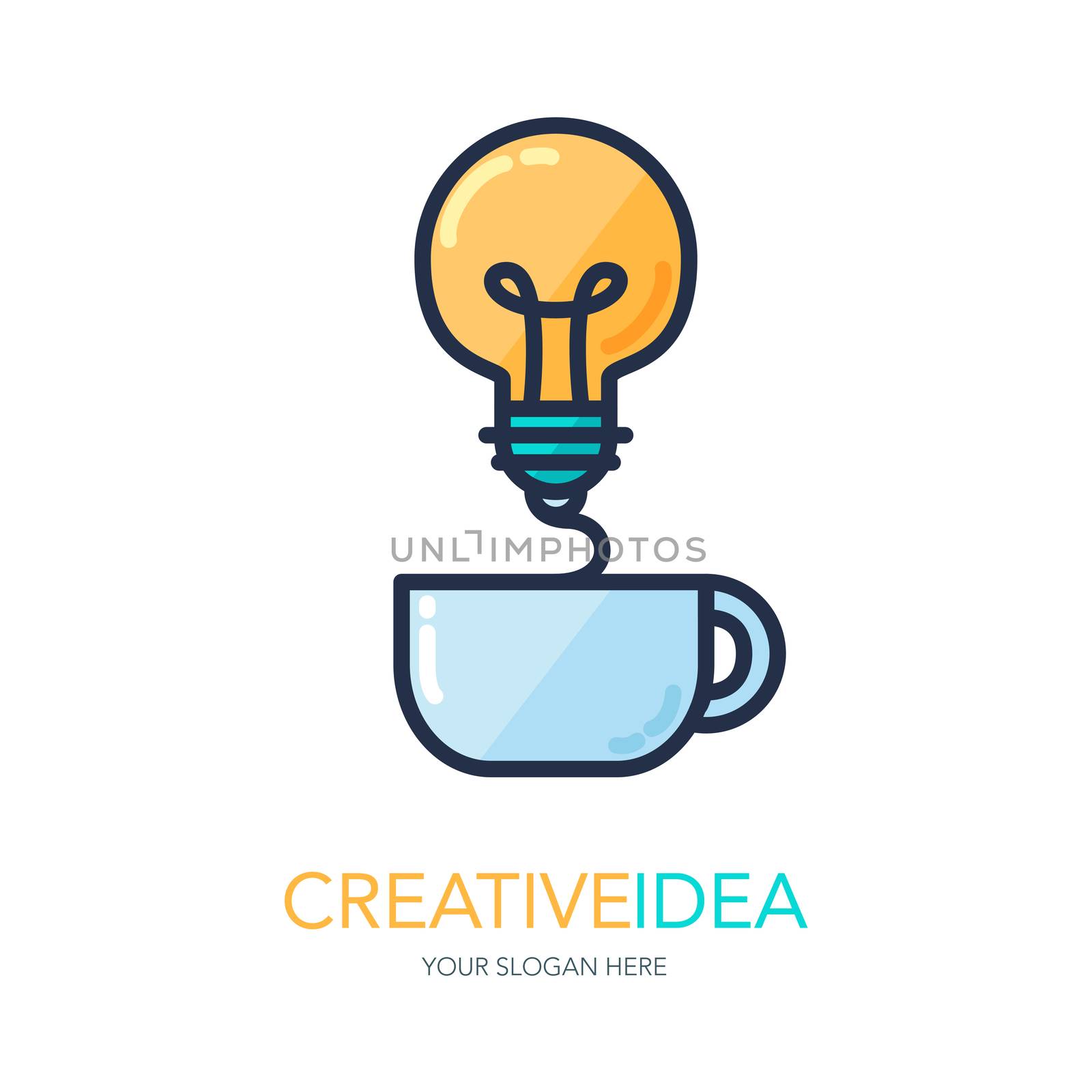 Simple Creative Success Idea Logo. Innovation symbol. Light bulb and cup. Design element for business startup, technology, science. Icon concept of invention, study, imagination and creativity. Vector