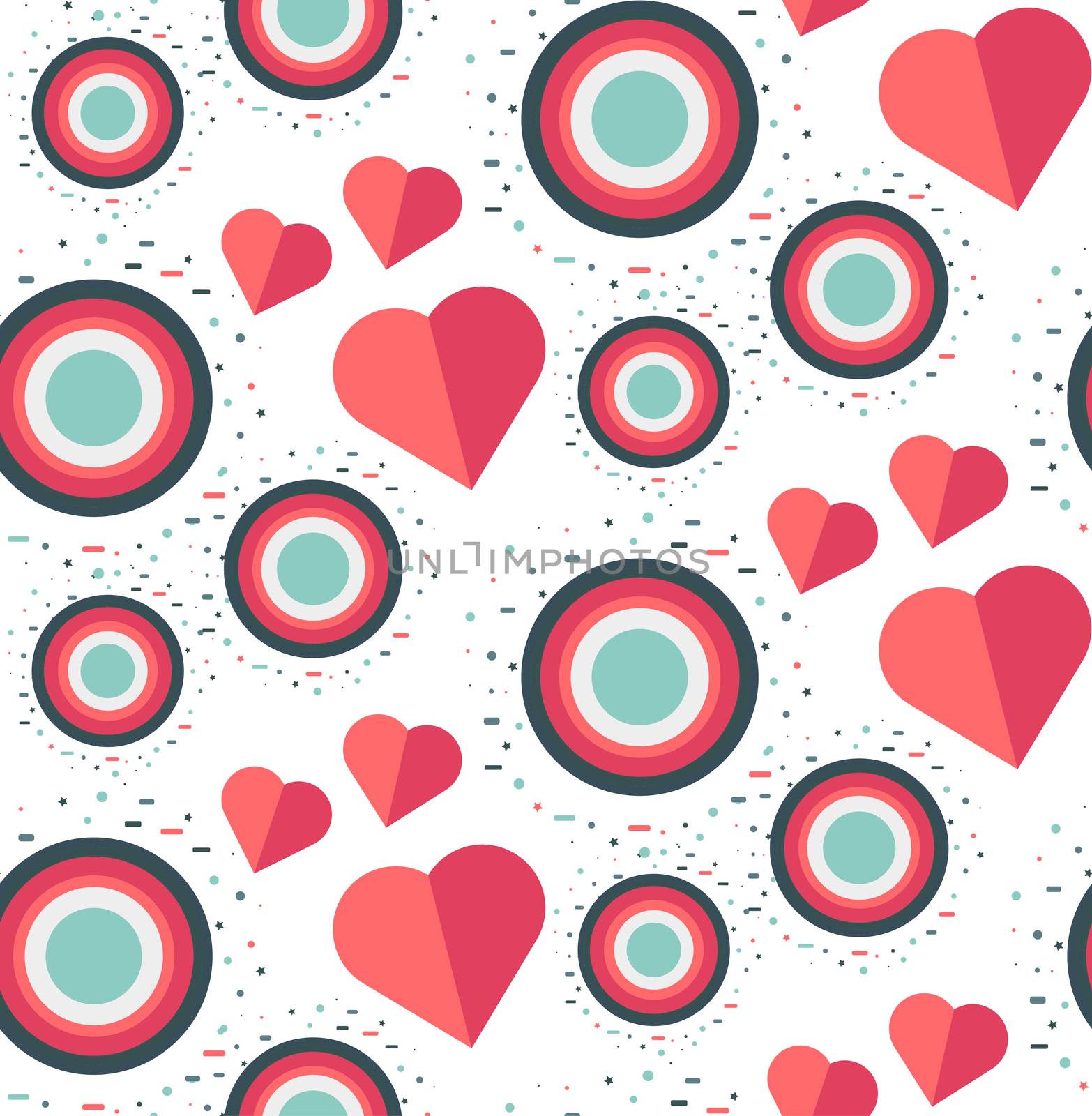 Vintage Seamless Romantic Pattern for Wrap, Print, Fabric, Textile, Greeting Card. Ornament with pink or red heart, circle for cloth, wallpaper, mosaic. Wedding, valentine retro background. Vector