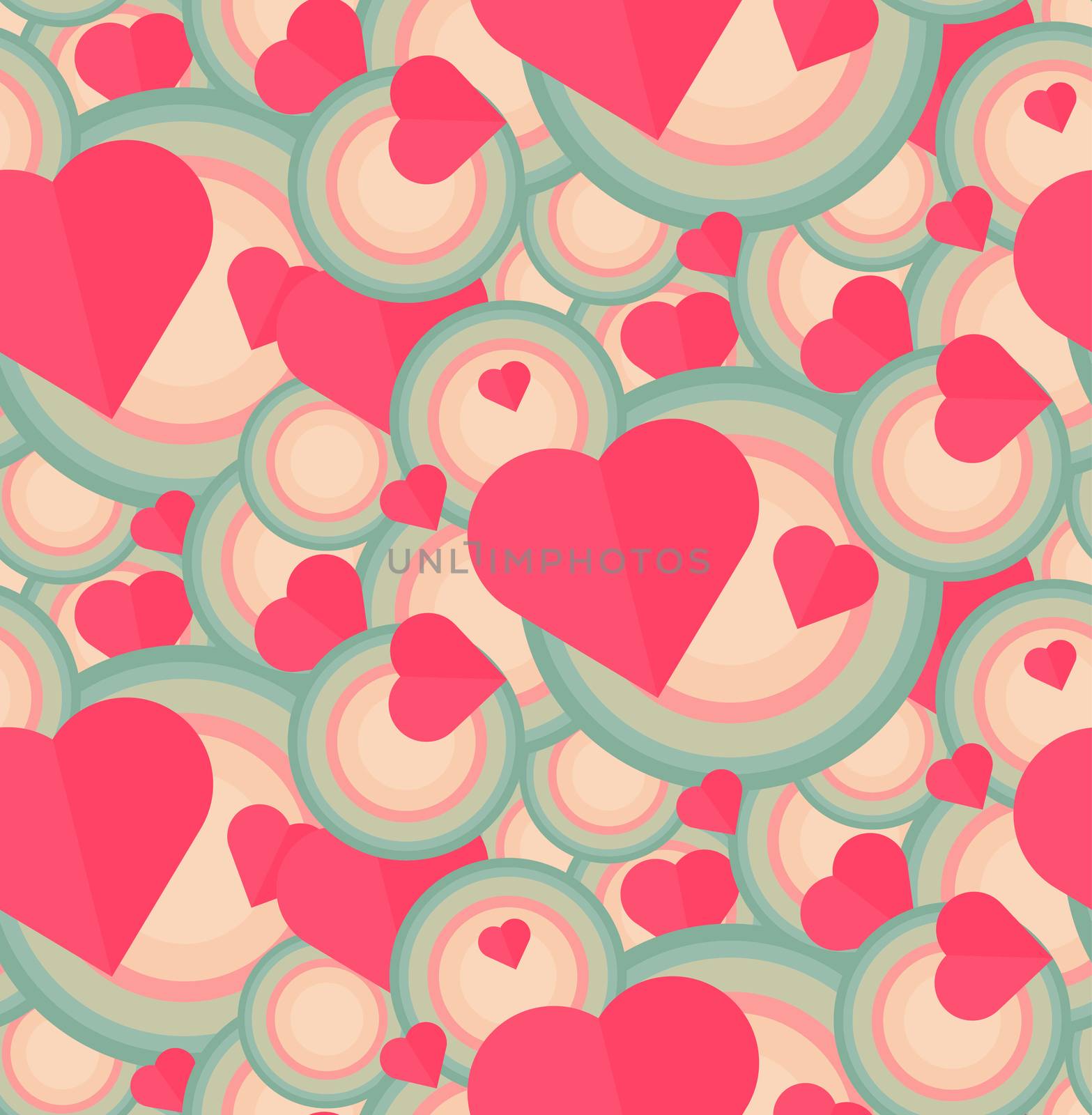 Vintage Seamless Romantic Pattern for Wrap, Print, Fabric, Textile, Greeting Card. Ornament with pink or red heart, circle for cloth, wallpaper, mosaic. Wedding, valentine retro background. Vector