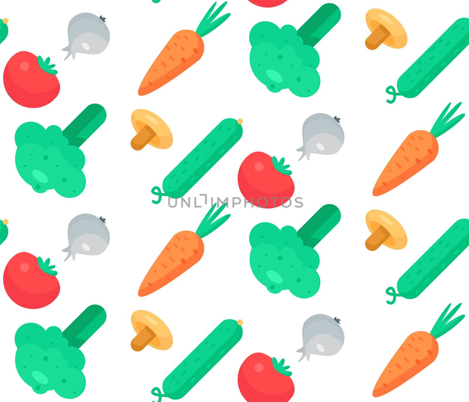 Fresh Vegetable Salad from tomato, cucumber and cabbage, carrot, mushroom and garlic. Tasty food seamless pattern for print, tablecloth and wrap, fabric, spread, card, banner. Vegan background. Vector