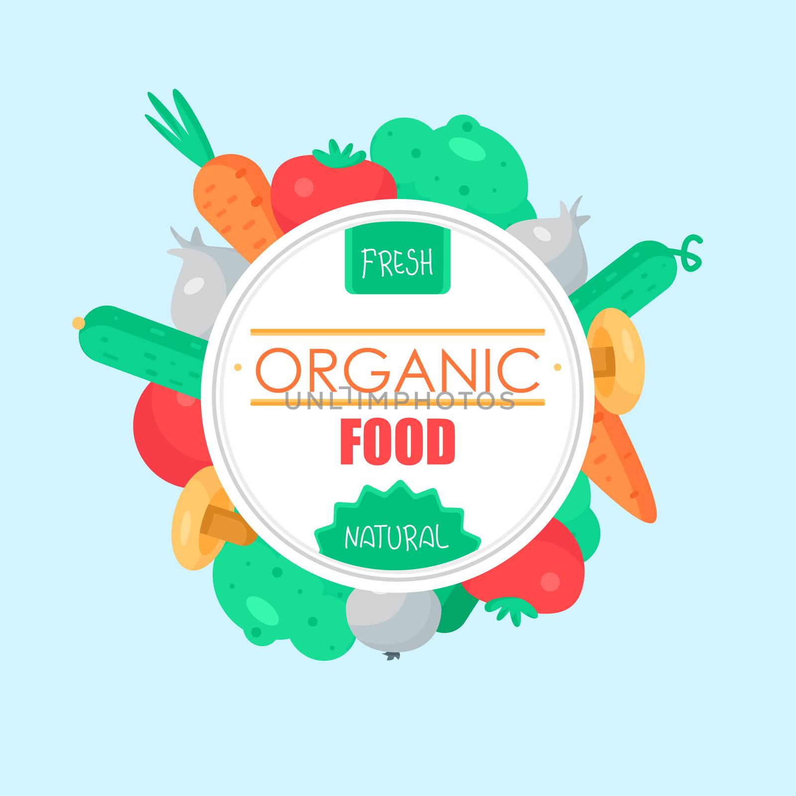 Fresh Vegetable Banner from tomato, cucumber and cabbage, carrot, mushroom and garlic. Tasty natural food badge. Vegan sticker. Eco design element. Vector