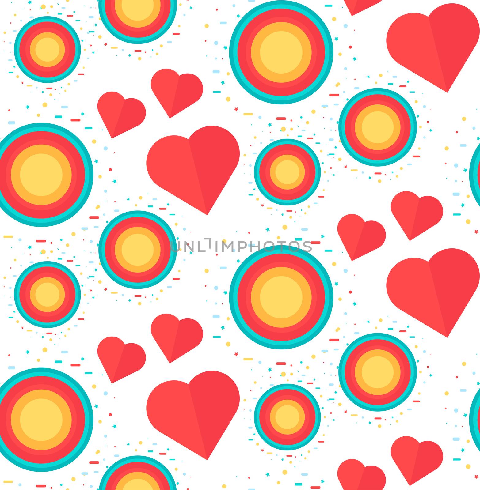 Vintage Seamless Romantic Pattern for Wrap, Print, Fabric, Textile, Greeting Card. Ornament with pink or red heart, circle for cloth, wallpaper, mosaic. Wedding, valentine retro background. Vector