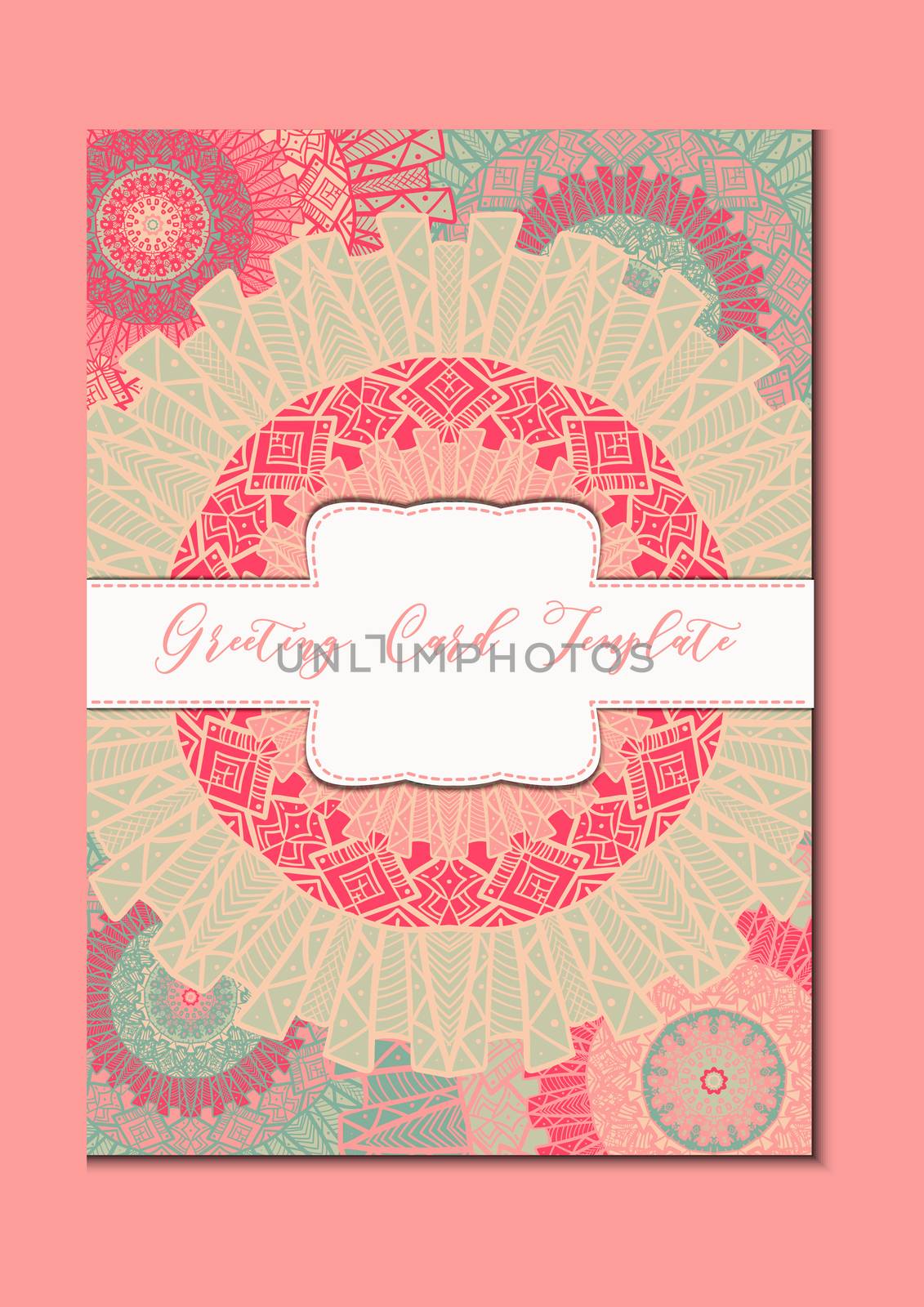 Business mandala card template. Oriental ethnic pattern. Mehndi ornament page for brochure, flyer, greeting, invitation cover. Design layout in boho and islam, arabic and east, indian style. Vector