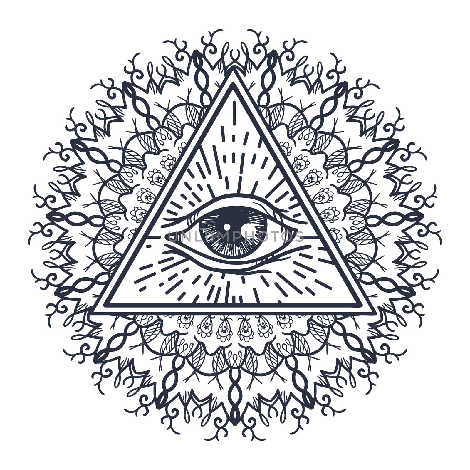 Vintage All Seeing Eye in Triangle and Mandala. Providence magic symbol for print, tattoo, coloring book,fabric, t-shirt, cloth in boho style. Astrology, occult, tribal, esoteric, alchemy sign. Vector