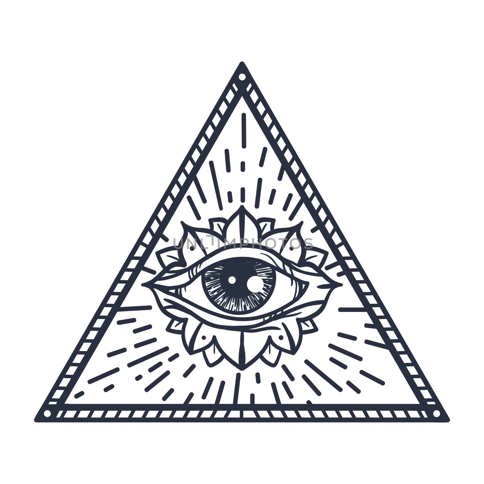 Vintage All Seeing Eye in Triangle. Providence magic symbol for print, tattoo, coloring book,fabric, t-shirt, cloth in boho style. Astrology, occult and tribal, esoteric and alchemy sign. Vector
