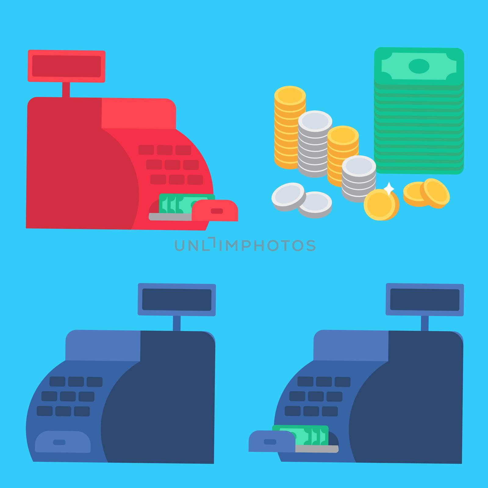 Cash register with money and coins. Commerce concept. Store symbol. Vector