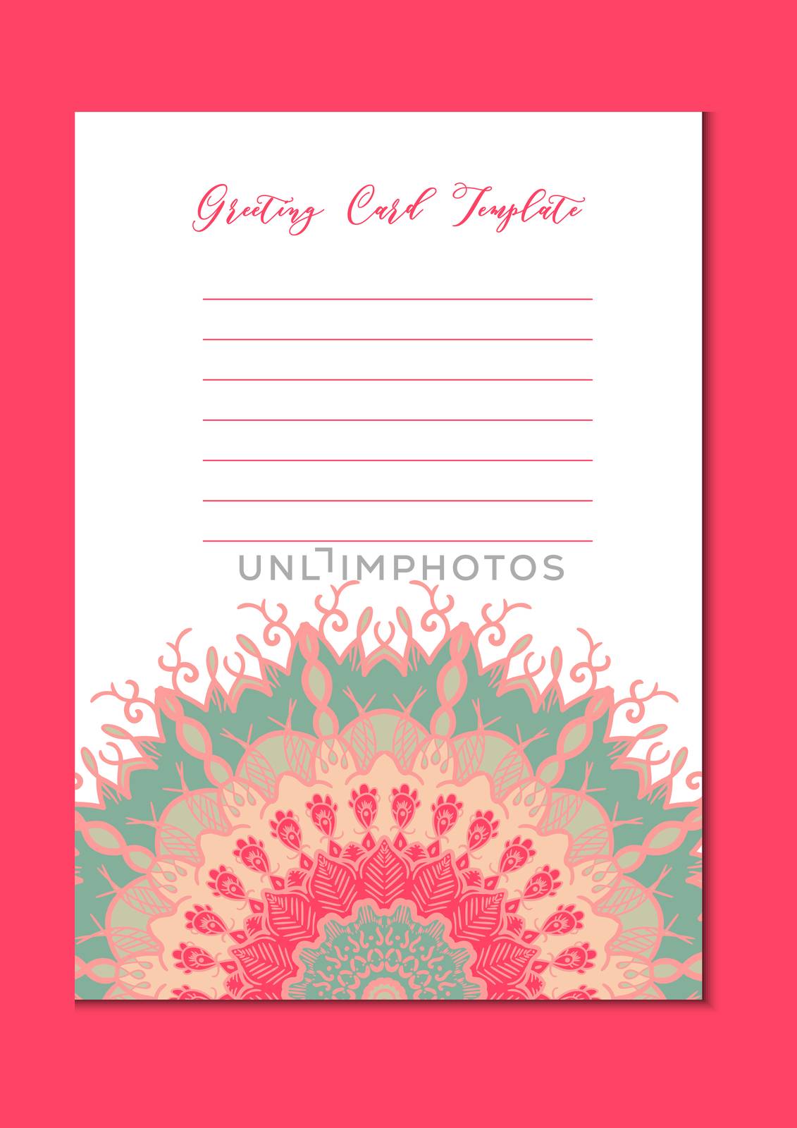 Business mandala card template. Oriental ethnic pattern. Mehndi ornament page for brochure, flyer, greeting, invitation cover. Design layout in boho and islam, arabic and east, indian style. Vector