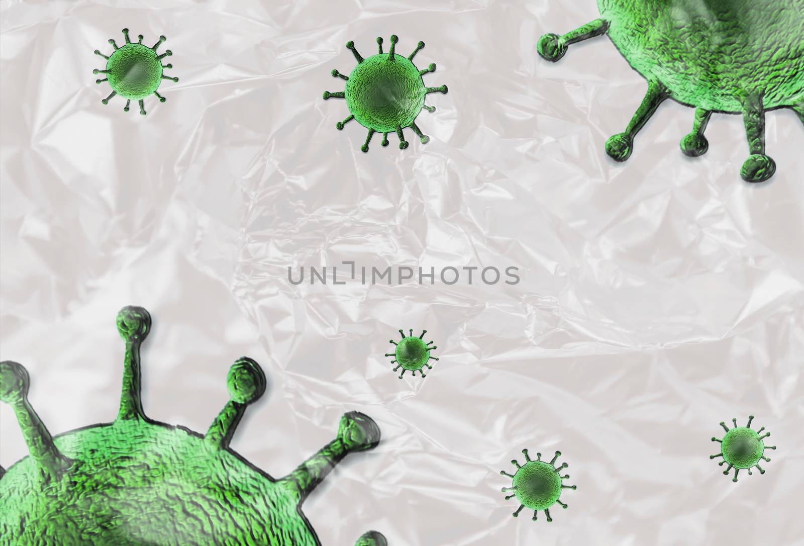 3D-Illustration of colorful isolated corona virus covered by plastic film on a white background.
