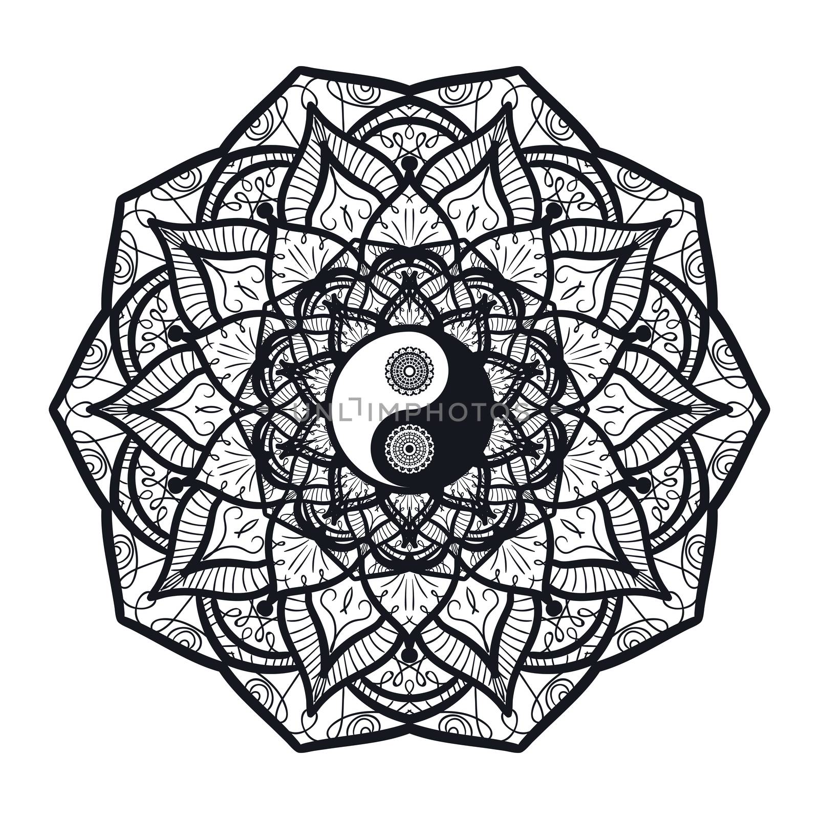 Vintage Yin and Yang in Mandala. Tao symbol for print, tattoo, coloring book,fabric, t-shirt, yoga, henna, cloth in boho style. Mehndi, occult and tribal, esoteric and alchemy sign. Vector