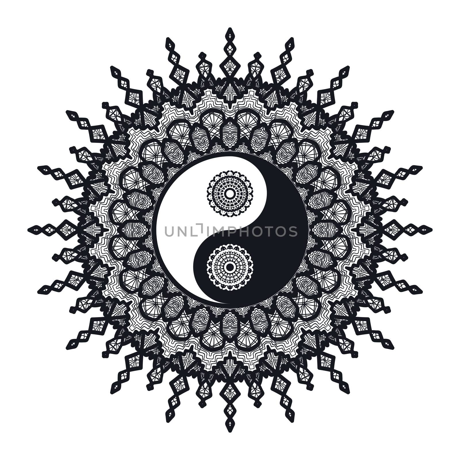 Vintage Yin and Yang in Mandala. Tao symbol for print, tattoo, coloring book,fabric, t-shirt, yoga, henna, cloth in boho style. Mehndi, occult and tribal, esoteric and alchemy sign. Vector