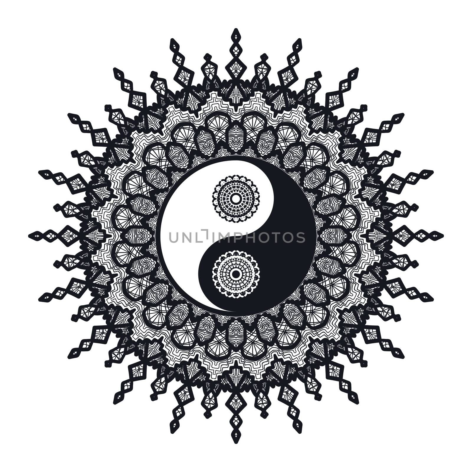 Vintage Yin and Yang in Mandala. Tao symbol for print, tattoo, coloring book,fabric, t-shirt, yoga, henna, cloth in boho style. Mehndi, occult and tribal, esoteric and alchemy sign. Vector