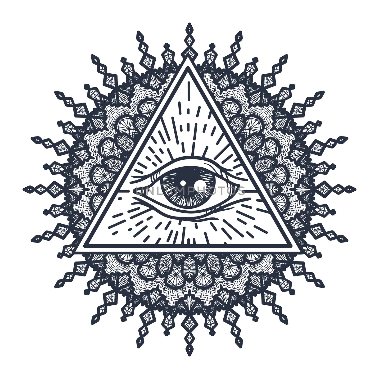 Vintage All Seeing Eye in Triangle and Mandala. Providence magic symbol for print, tattoo, coloring book,fabric, t-shirt, cloth in boho style. Astrology, occult, tribal, esoteric, alchemy sign. Vector