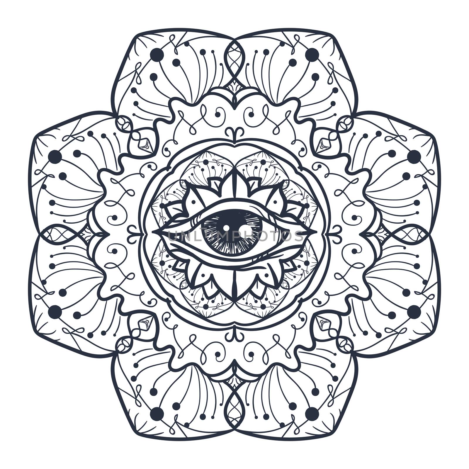 Vintage All Seeing Eye in Mandala. Providence magic symbol for print, tattoo, coloring book,fabric, t-shirt, cloth in boho style. Astrology, occult and tribal, esoteric and alchemy sign. Vector