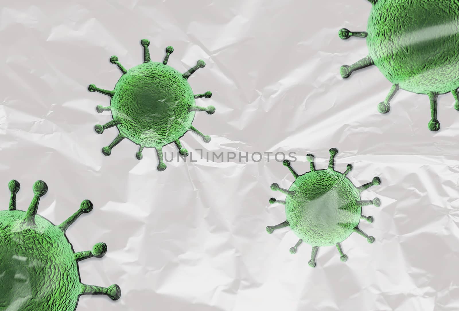 3D-Illustration of colorful isolated corona virus covered by plastic film on a white background.