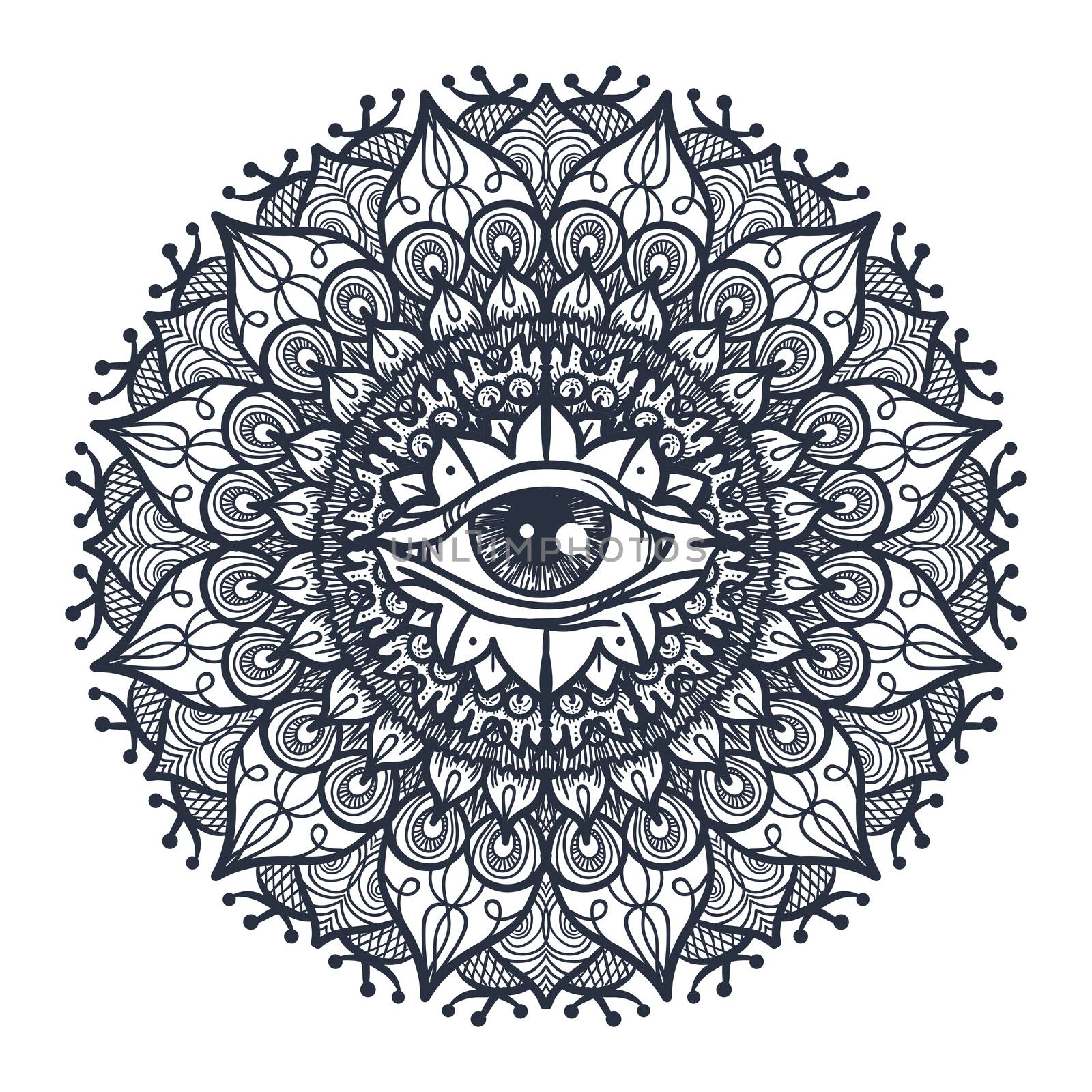 Vintage All Seeing Eye in Mandala. Providence magic symbol for print, tattoo, coloring book,fabric, t-shirt, cloth in boho style. Astrology, occult and tribal, esoteric and alchemy sign. Vector