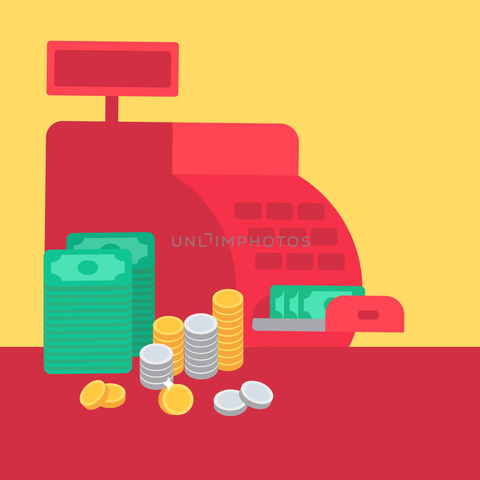 Cash register with money and coins. Commerce concept. Store symbol. Vector