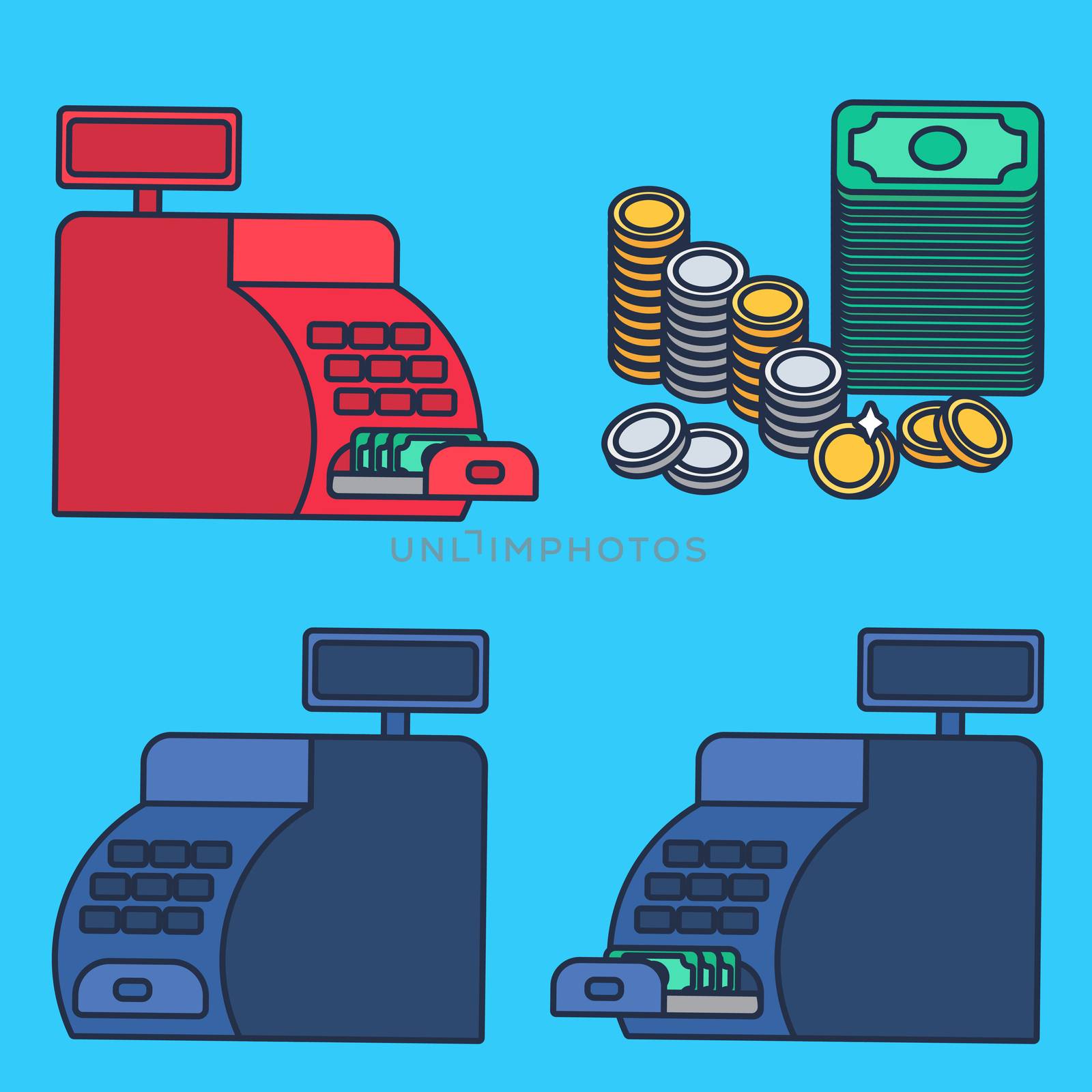Cash register witn money and coins. Commerce concept. Store symbol. Vector