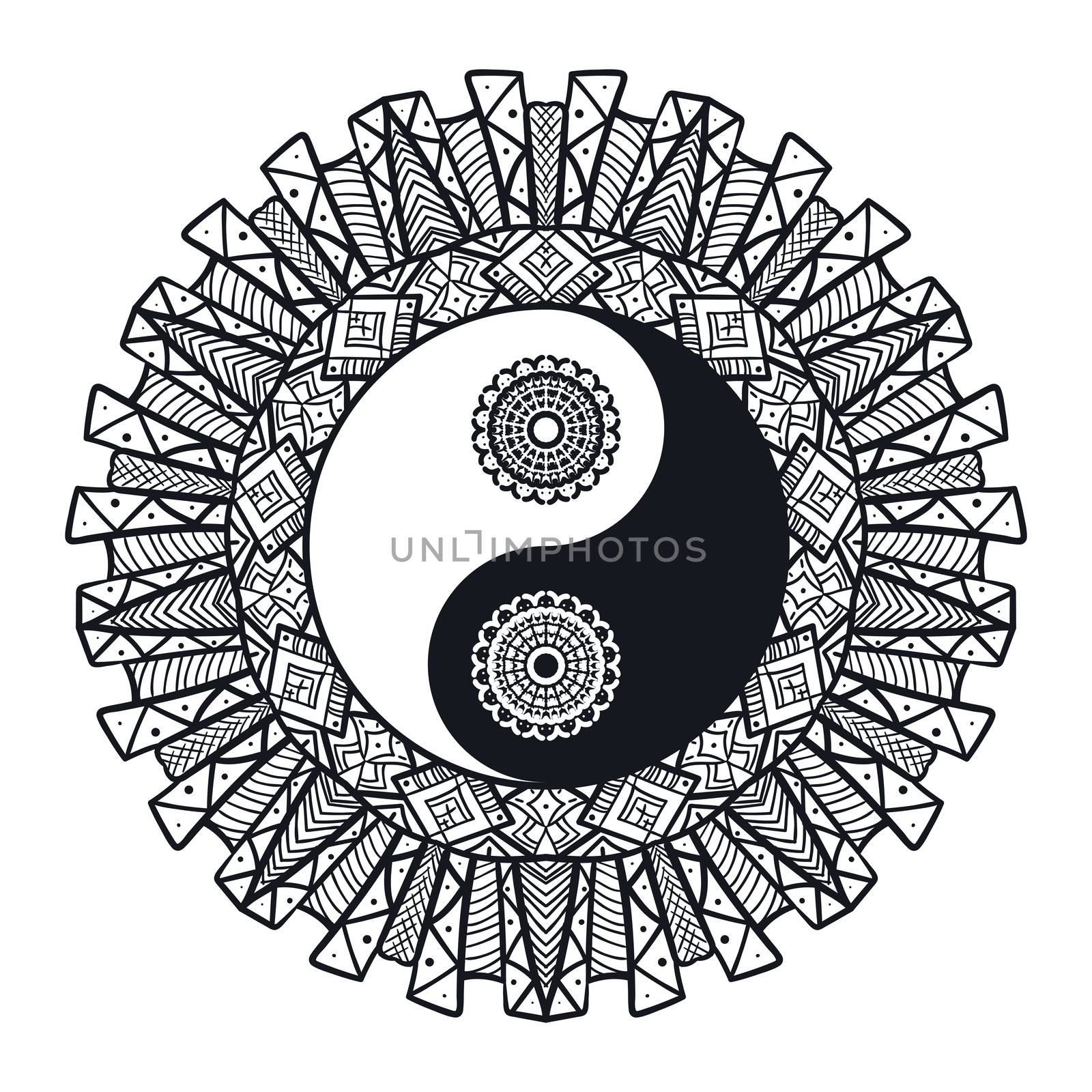 Vintage Yin and Yang in Mandala. Tao symbol for print, tattoo, coloring book,fabric, t-shirt, yoga, henna, cloth in boho style. Mehndi, occult and tribal, esoteric and alchemy sign. Vector