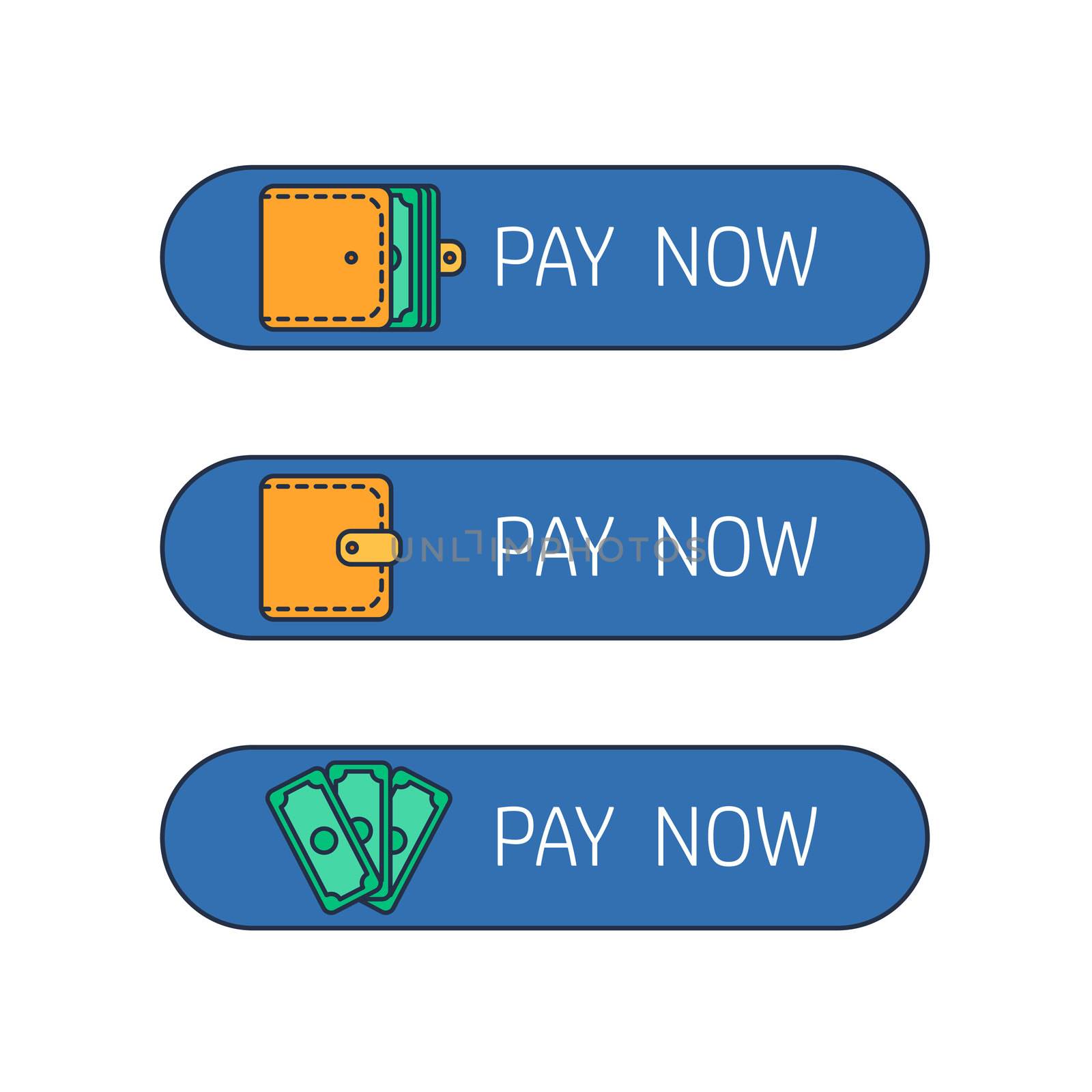 The process of payment. Rent, salary costs. Wages and income. The receipt of money. Icon purse, pocketbook, wallet with money. The conclusion of the contract. The pay button. Vector