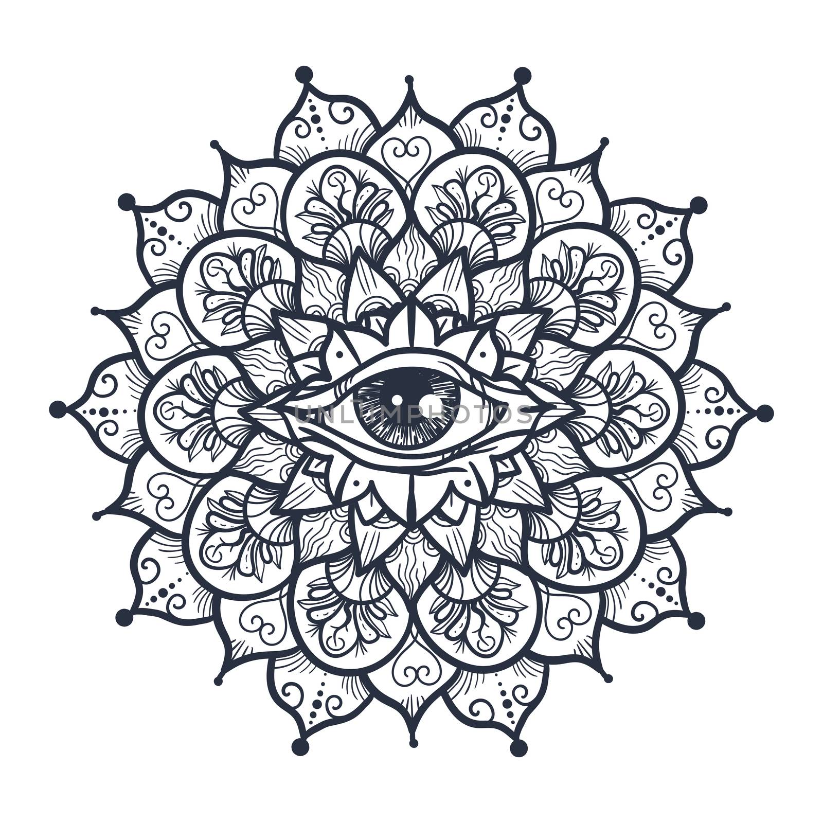 Vintage All Seeing Eye in Mandala. Providence magic symbol for print, tattoo, coloring book,fabric, t-shirt, cloth in boho style. Astrology, occult and tribal, esoteric and alchemy sign. Vector