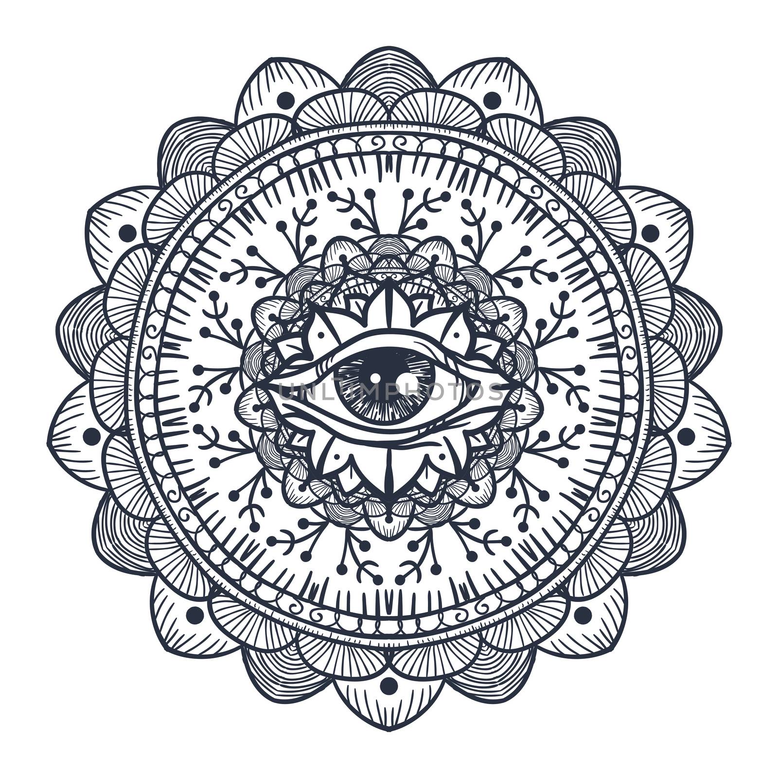 Vintage All Seeing Eye in Mandala. Providence magic symbol for print, tattoo, coloring book,fabric, t-shirt, cloth in boho style. Astrology, occult and tribal, esoteric and alchemy sign. Vector