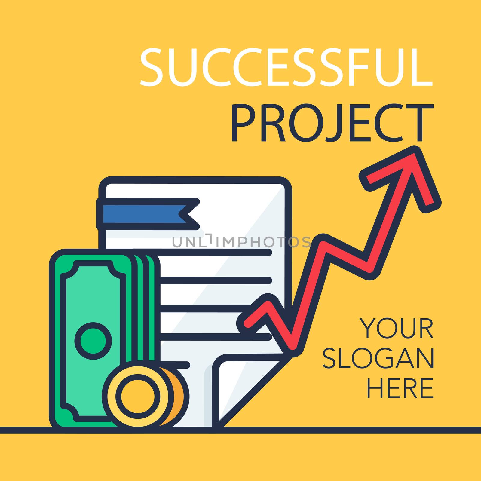 Successful investing concept. Bank holding. Financial budget banner. Money, coins, document and graph. Earnings and payments symbol. Patent illustration. Vector