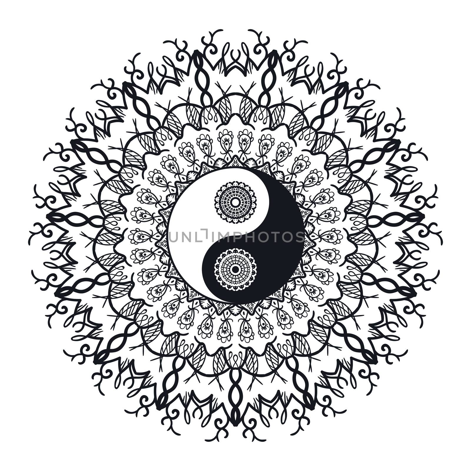 Vintage Yin and Yang in Mandala. Tao symbol for print, tattoo, coloring book,fabric, t-shirt, yoga, henna, cloth in boho style. Mehndi, occult and tribal, esoteric and alchemy sign. Vector