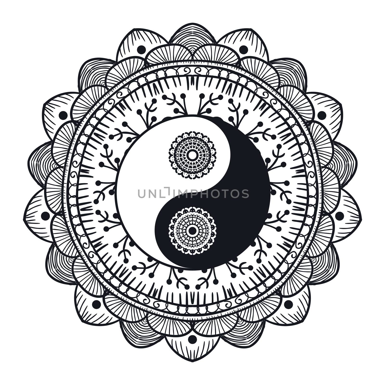 Vintage Yin and Yang in Mandala. Tao symbol for print, tattoo, coloring book,fabric, t-shirt, yoga, henna, cloth in boho style. Mehndi, occult and tribal, esoteric and alchemy sign. Vector