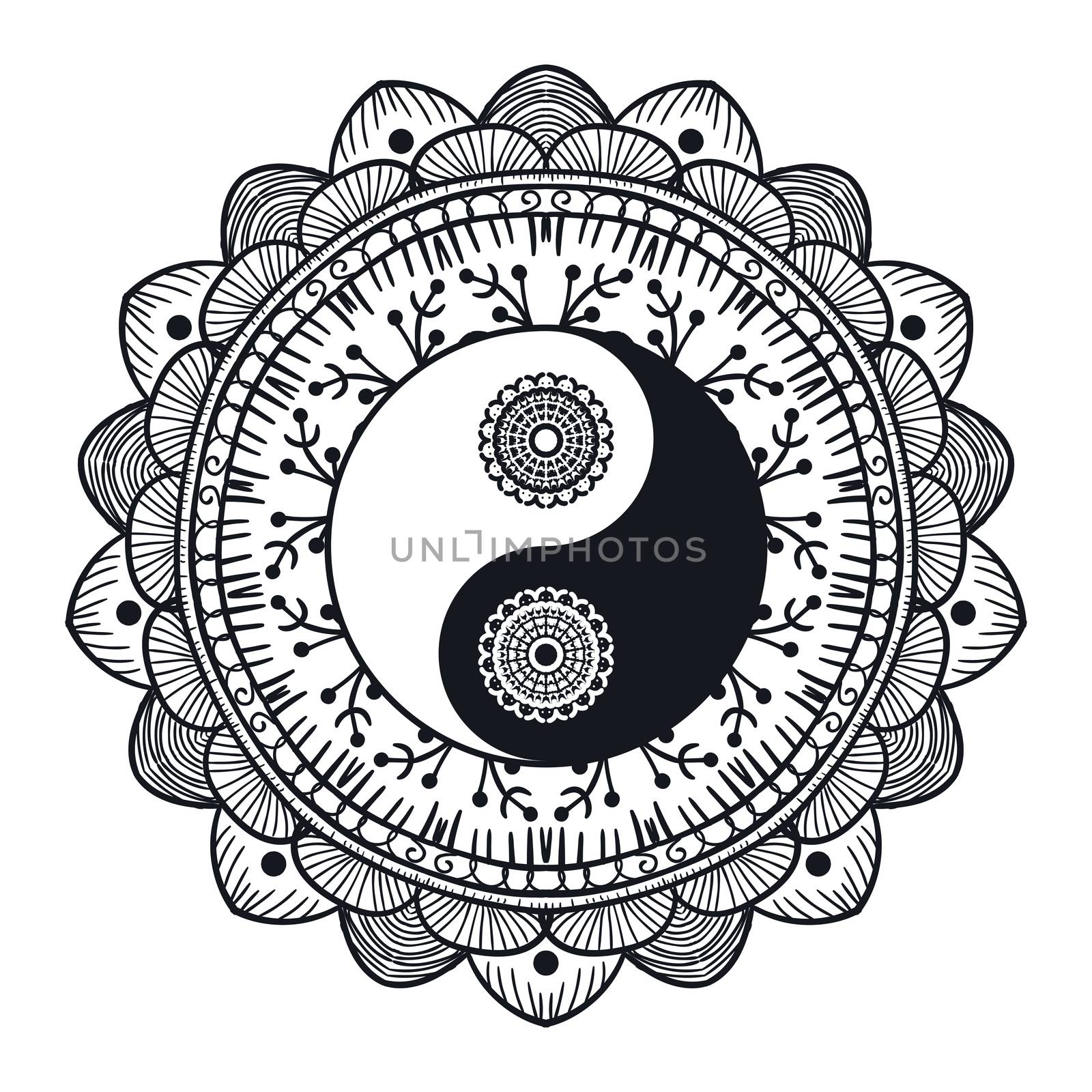 Vintage Yin and Yang in Mandala. Tao symbol for print, tattoo, coloring book,fabric, t-shirt, yoga, henna, cloth in boho style. Mehndi, occult and tribal, esoteric and alchemy sign. Vector