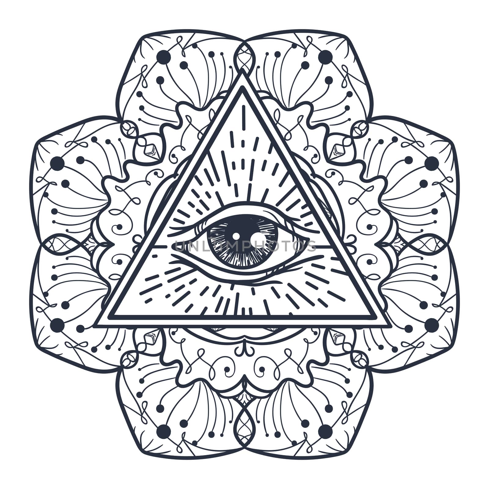 Vintage All Seeing Eye in Triangle and Mandala. Providence magic symbol for print, tattoo, coloring book,fabric, t-shirt, cloth in boho style. Astrology, occult, tribal, esoteric, alchemy sign. Vector
