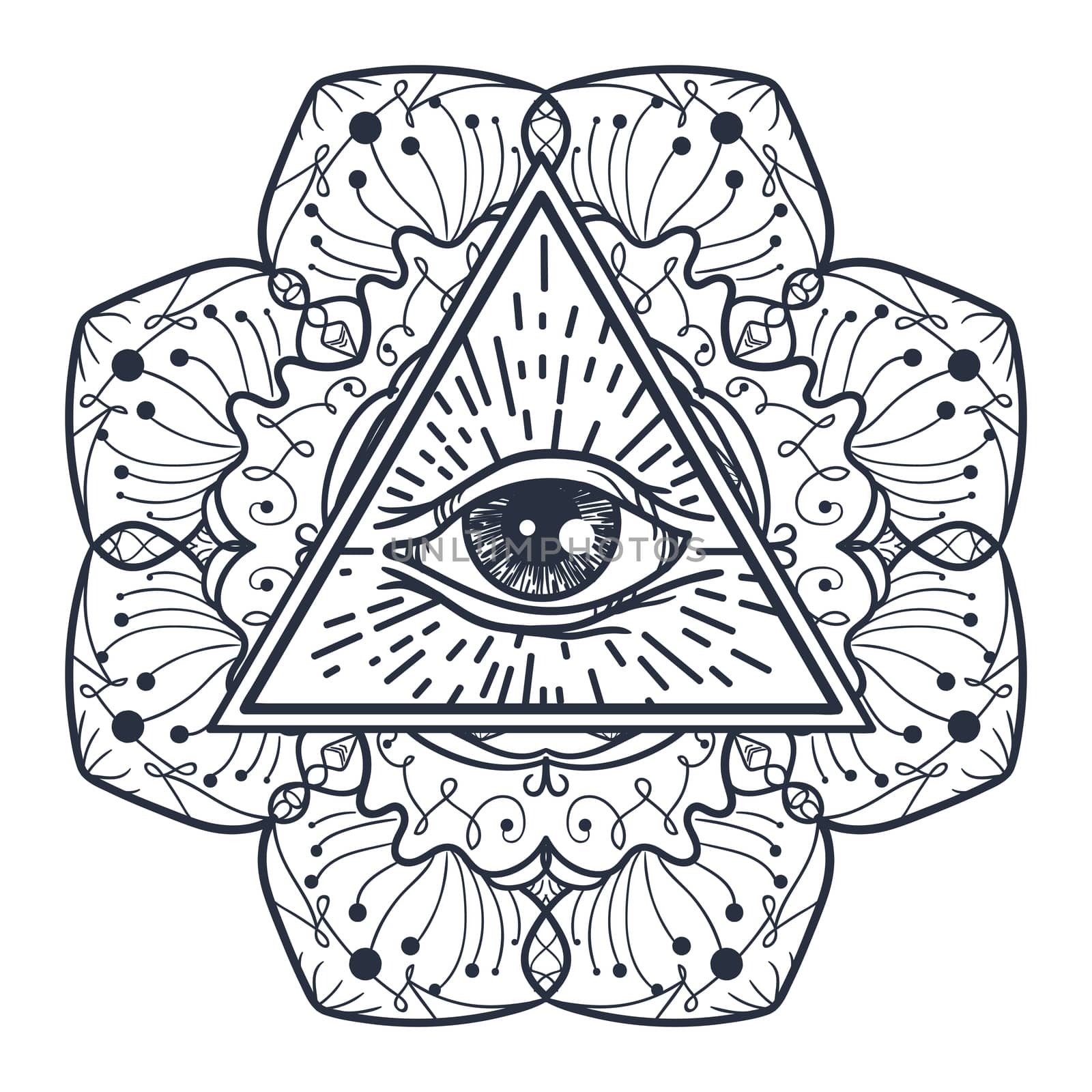 Vintage All Seeing Eye in Triangle and Mandala. Providence magic symbol for print, tattoo, coloring book,fabric, t-shirt, cloth in boho style. Astrology, occult, tribal, esoteric, alchemy sign. Vector