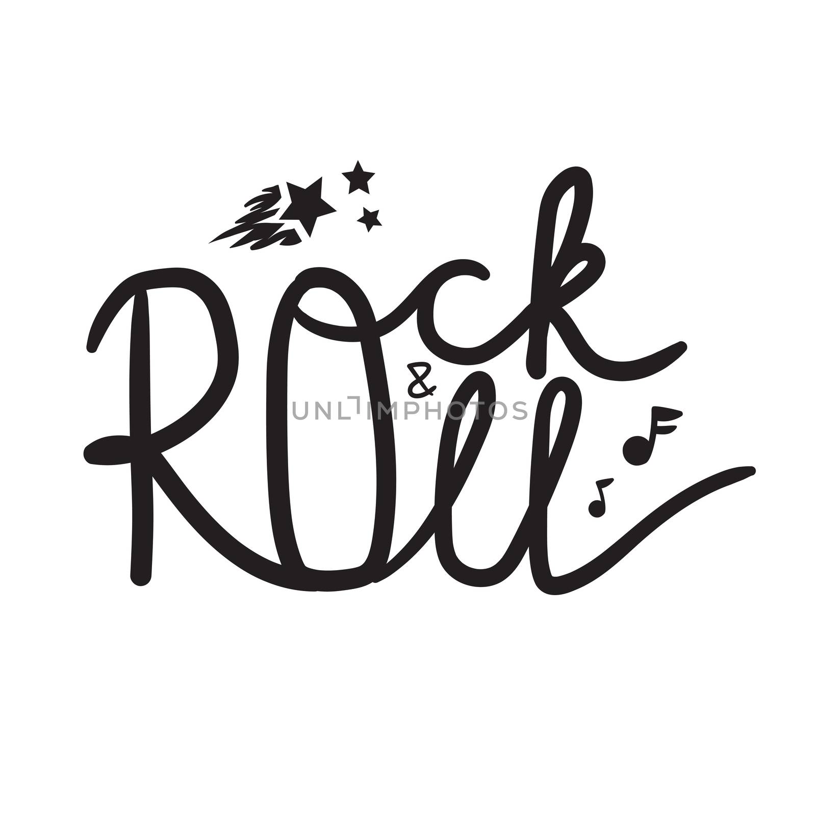 Rock and Roll Lettering for t-shirt, sticker, print, fabric, cloth. Vintage hand drawn monochrome music badge. Retro hipster sound emblem for card, concert flyer, fest, postcard, label, poster. Vector