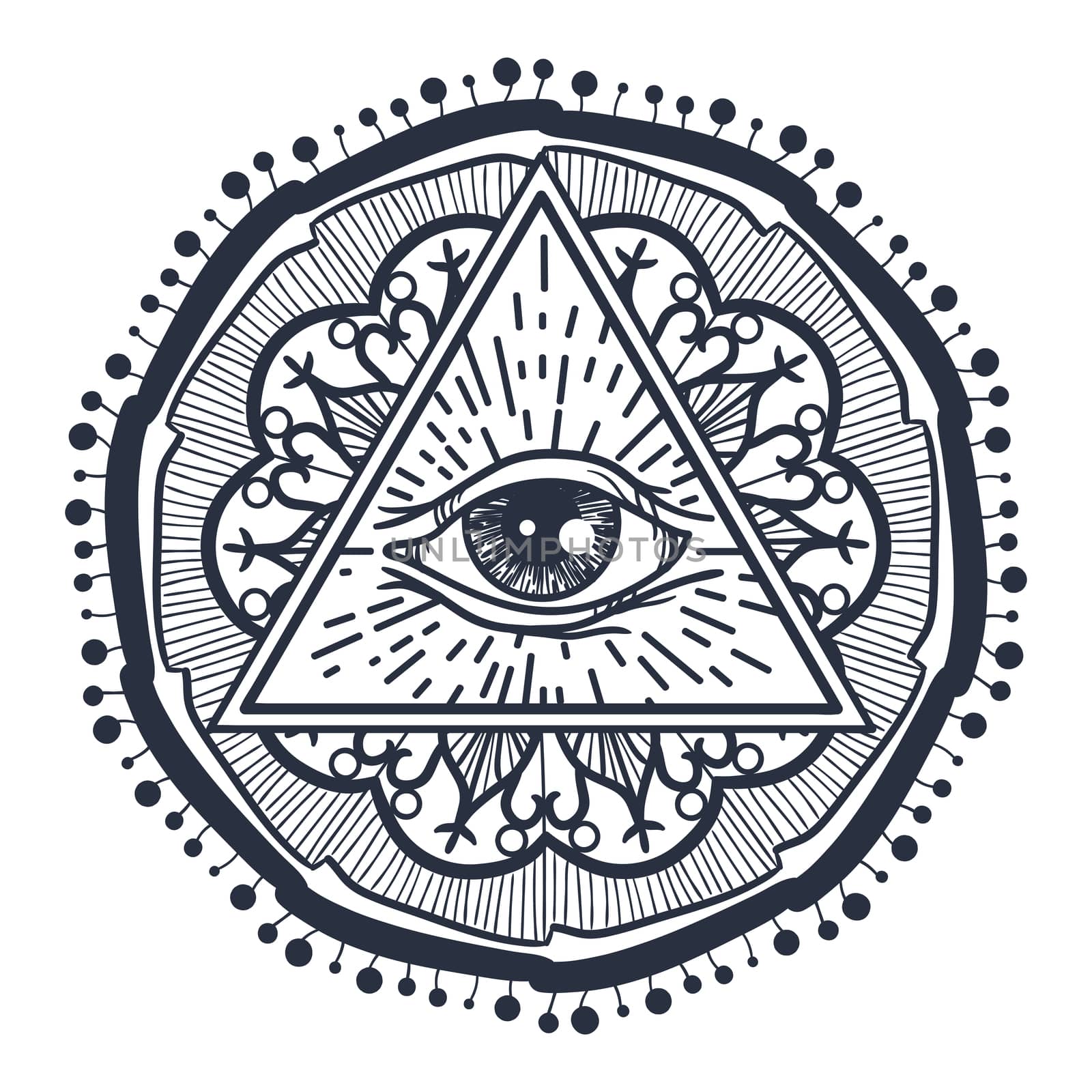 Vintage All Seeing Eye in Triangle and Mandala. Providence magic symbol for print, tattoo, coloring book,fabric, t-shirt, cloth in boho style. Astrology, occult, tribal, esoteric, alchemy sign. Vector