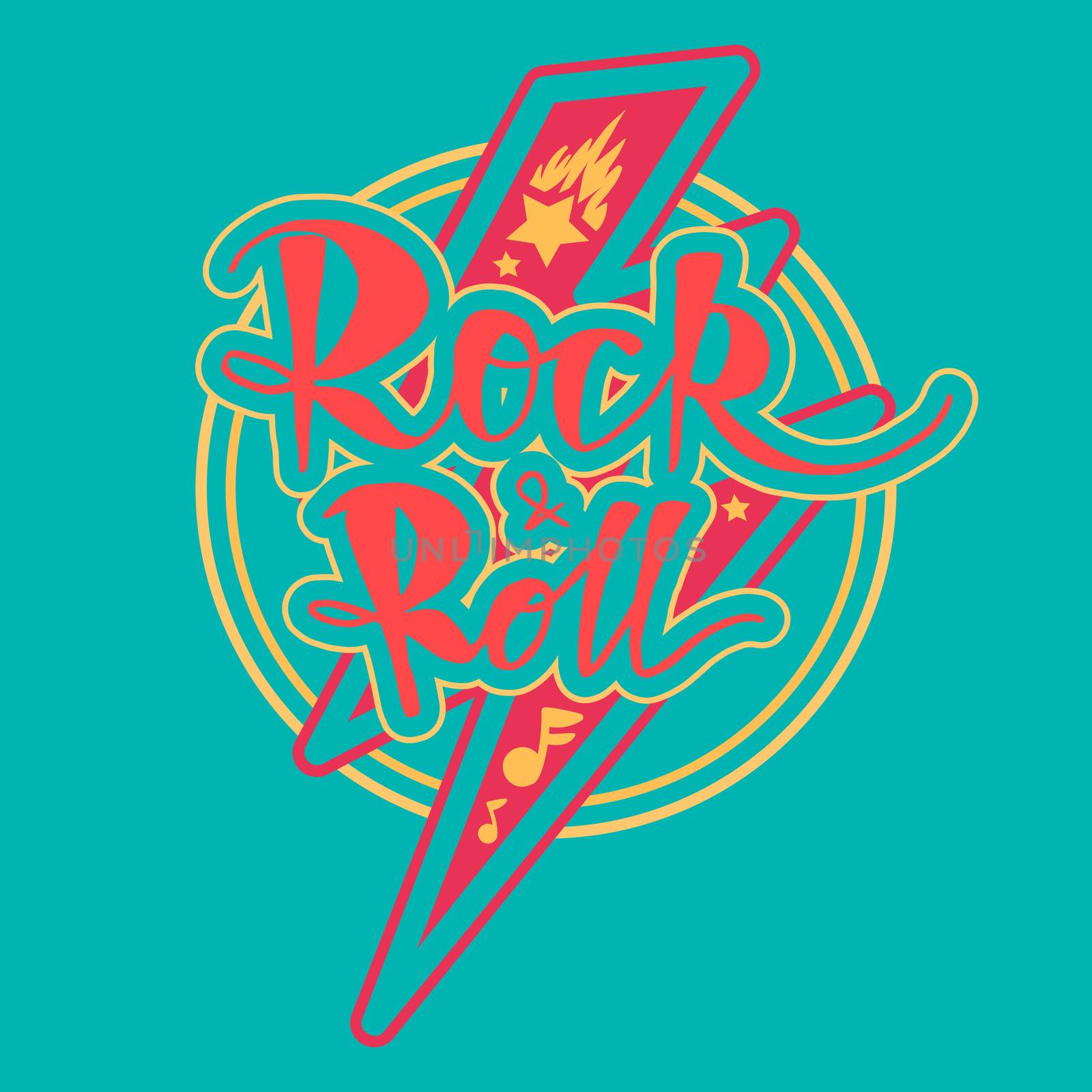 Rock and Roll Lettering for t-shirt, sticker, print, fabric, cloth. Vintage hand drawn music badge. Retro hipster musical sound emblem for card, concert flyer, fest, postcard, label, poster. Vector