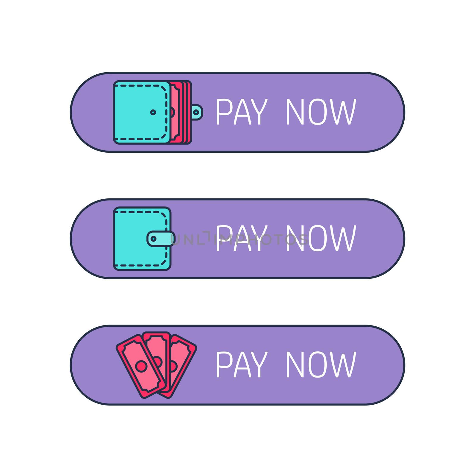 The process of payment. Rent, salary costs. Wages and income. The receipt of money. Icon purse, pocketbook, wallet with money. The conclusion of the contract. The pay button. Vector