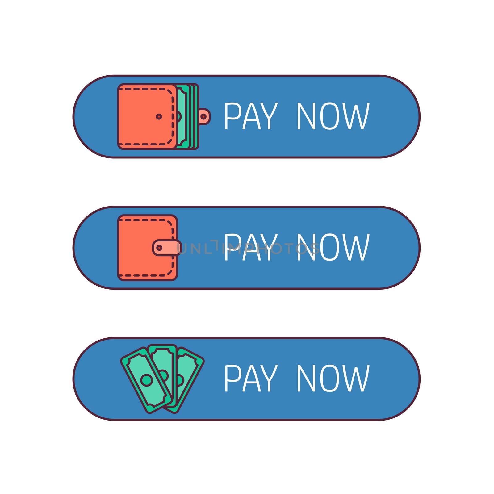 The process of payment. Rent, salary costs. Wages and income. The receipt of money. Icon purse, pocketbook, wallet with money. The conclusion of the contract. The pay button. Vector