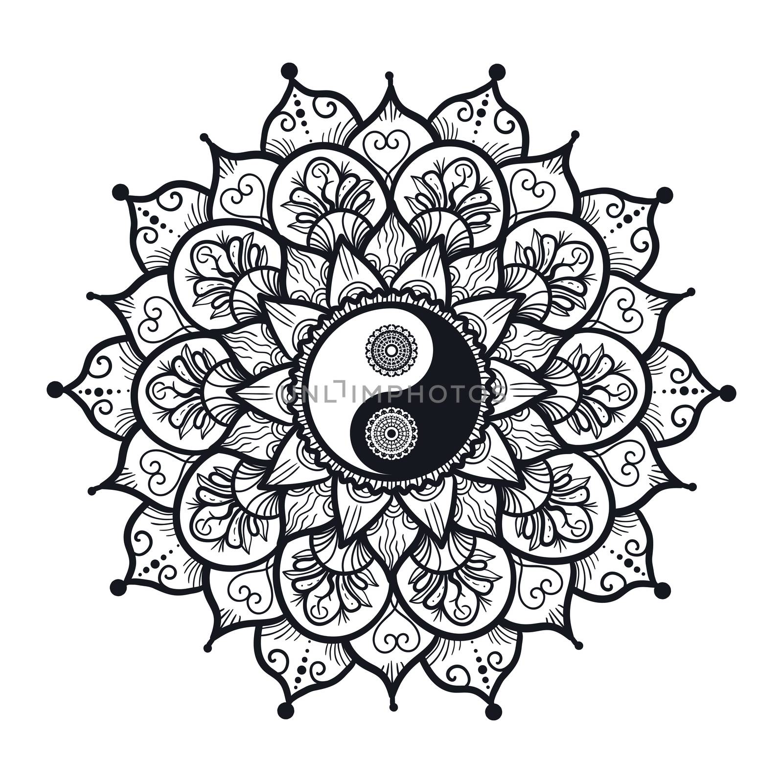 Vintage Yin and Yang in Mandala. Tao symbol for print, tattoo, coloring book,fabric, t-shirt, yoga, henna, cloth in boho style. Mehndi, occult and tribal, esoteric and alchemy sign. Vector