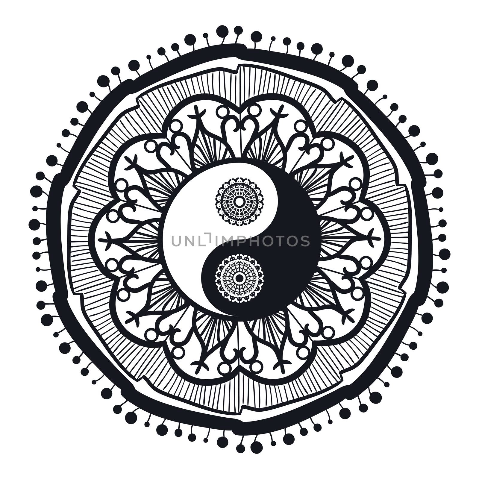 Vintage Yin and Yang in Mandala. Tao symbol for print, tattoo, coloring book,fabric, t-shirt, yoga, henna, cloth in boho style. Mehndi, occult and tribal, esoteric and alchemy sign. Vector