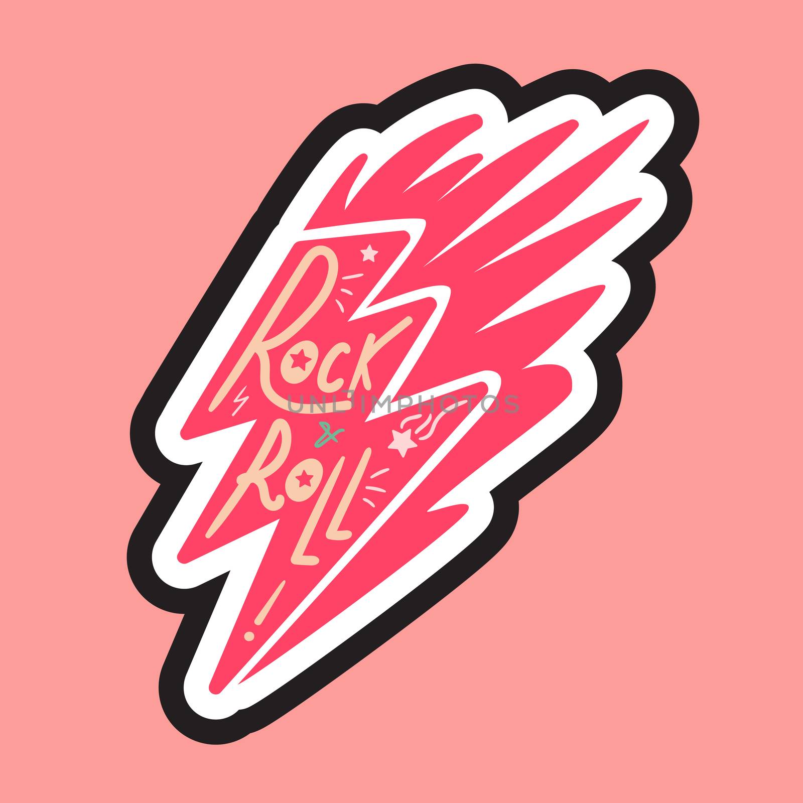 Rock and Roll Lettering for t-shirt, sticker, print, fabric, cloth. Vintage hand drawn music badge. Retro hipster musical sound emblem for card, concert flyer, fest, postcard, label, poster. Vector