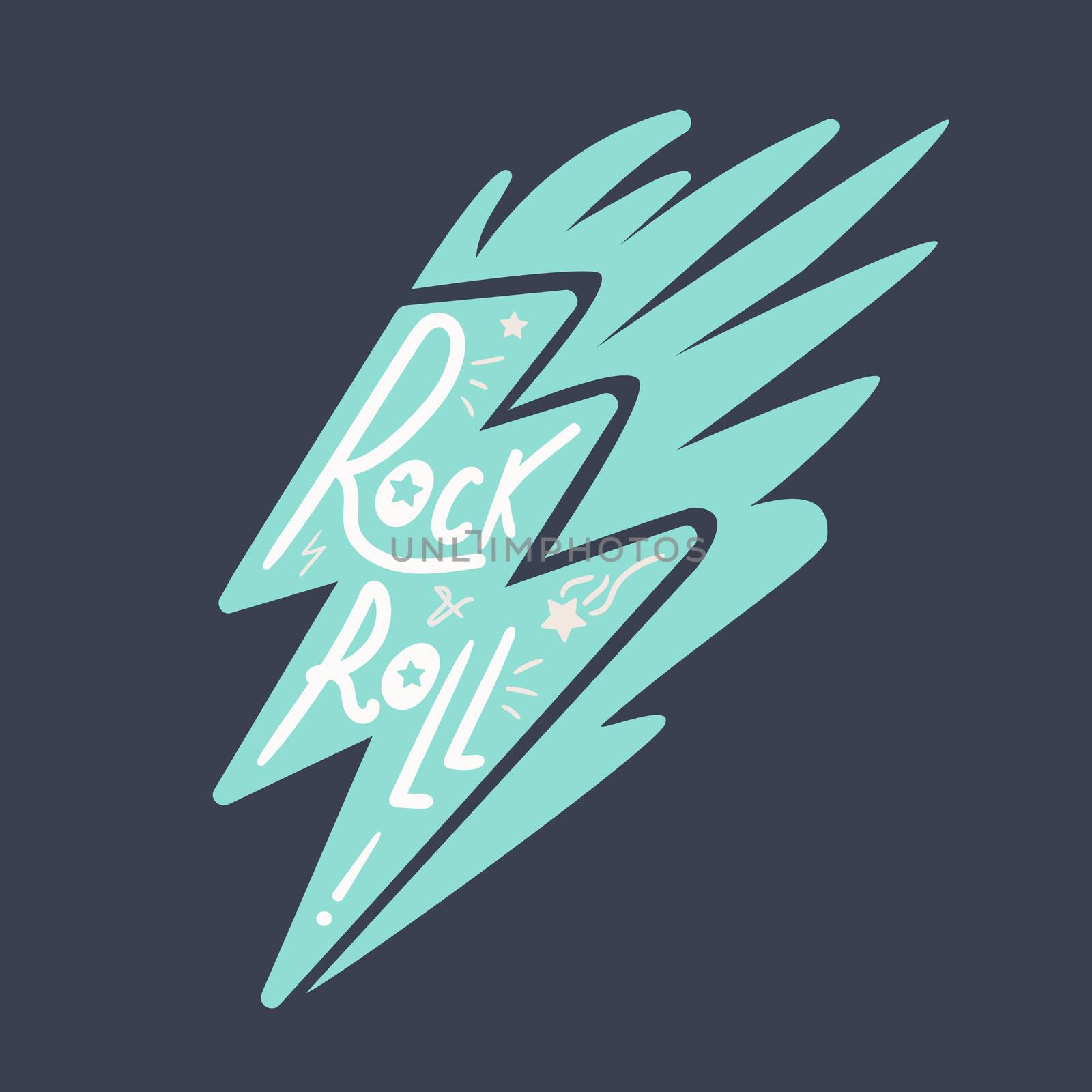 Rock and Roll Lettering for t-shirt, sticker, print, fabric, cloth. Vintage hand drawn music badge. Retro hipster musical sound emblem for card, concert flyer, fest, postcard, label, poster. Vector