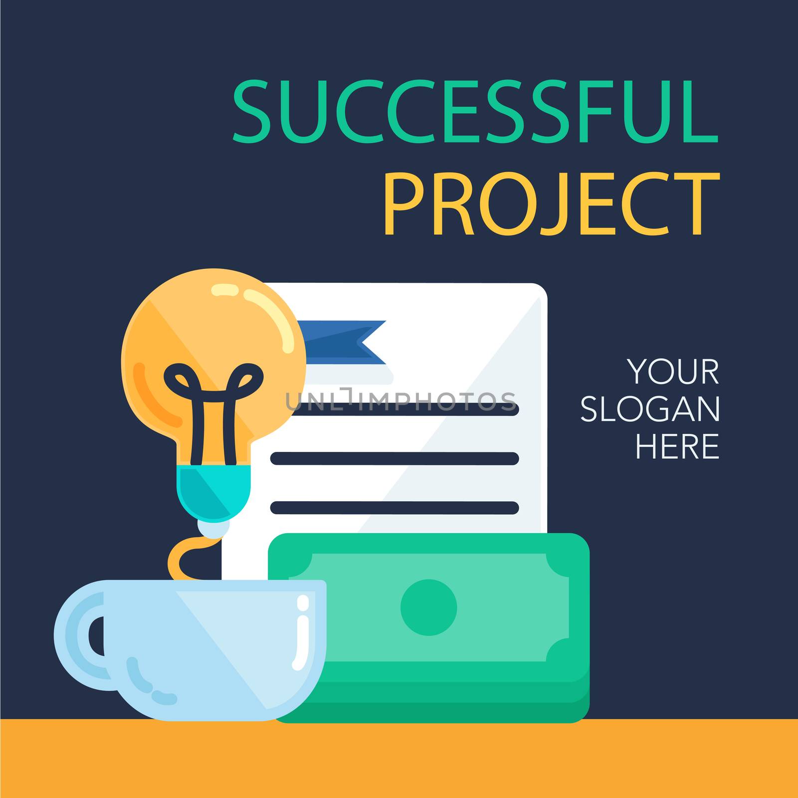 Successful investing concept. Bank holding. Financial budget banner. Money from idea, document. Patent symbol. Vector