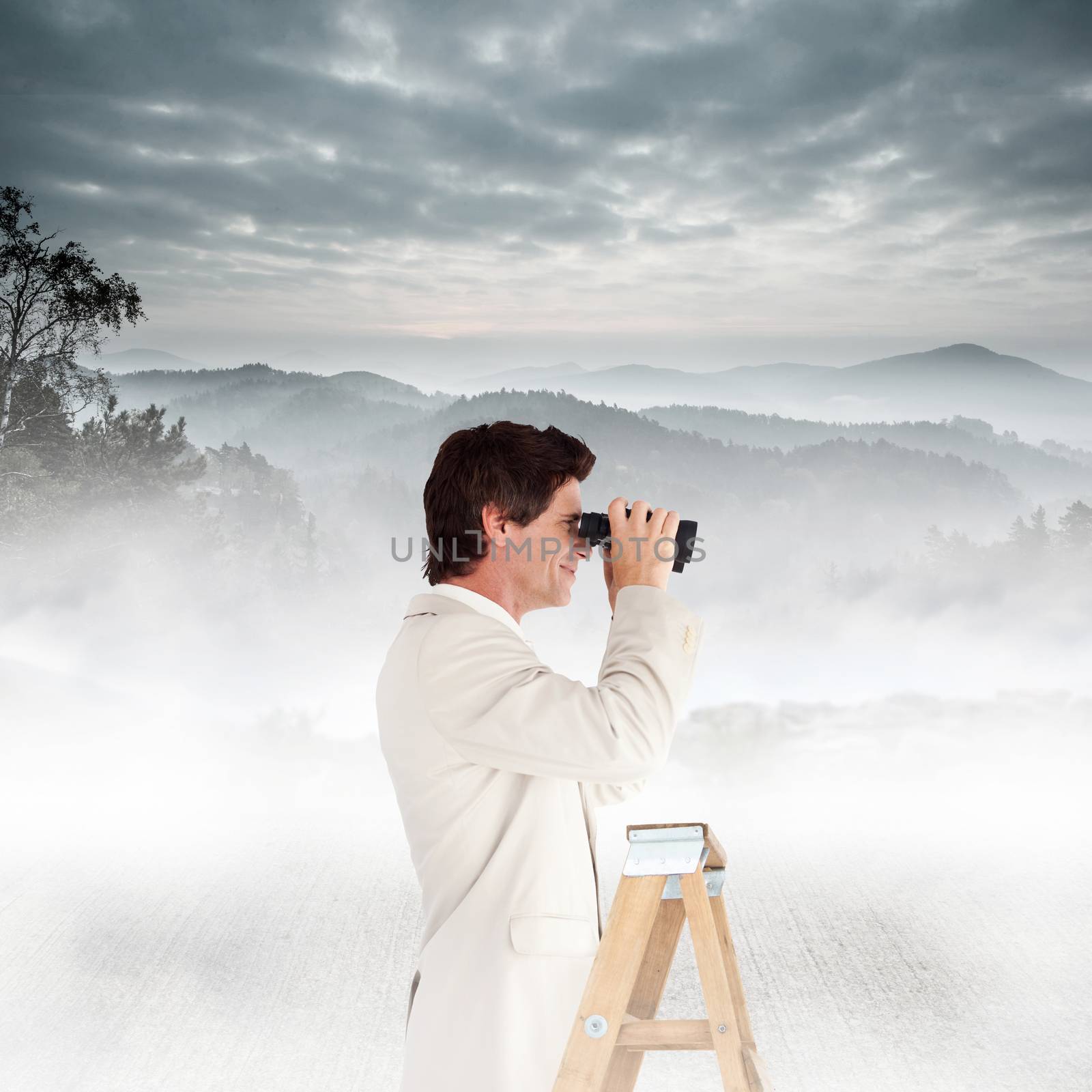 Businessman looking on a ladder against misty forest