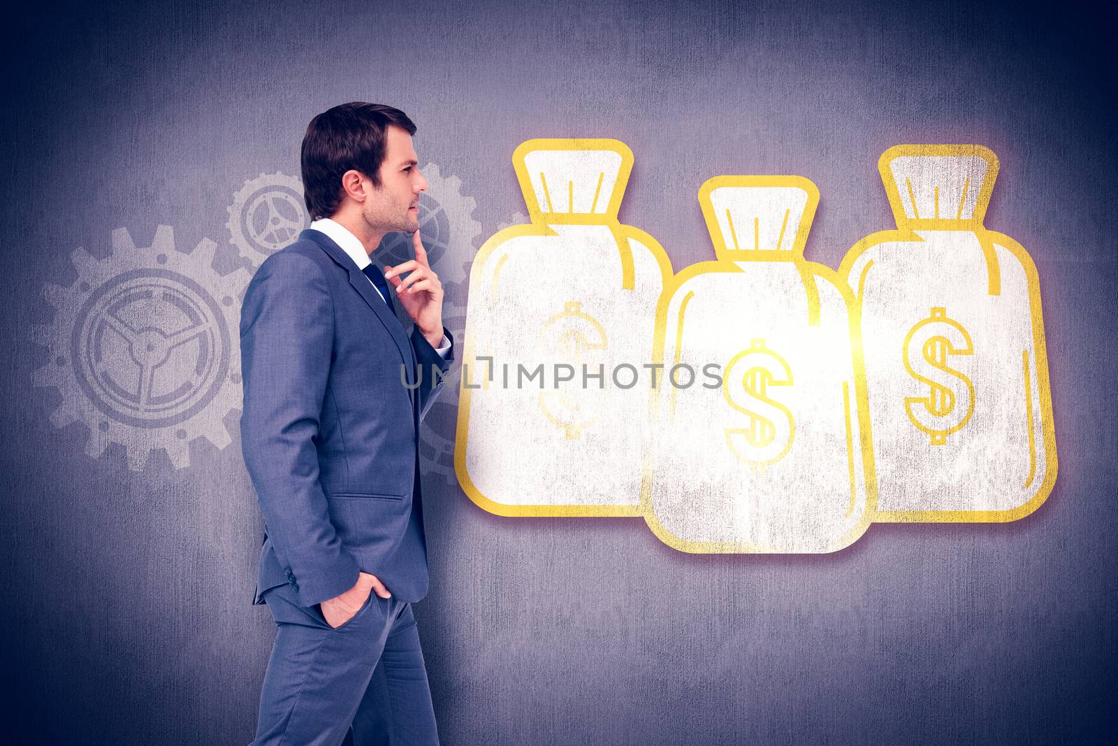 Thinking businessman against white and grey background